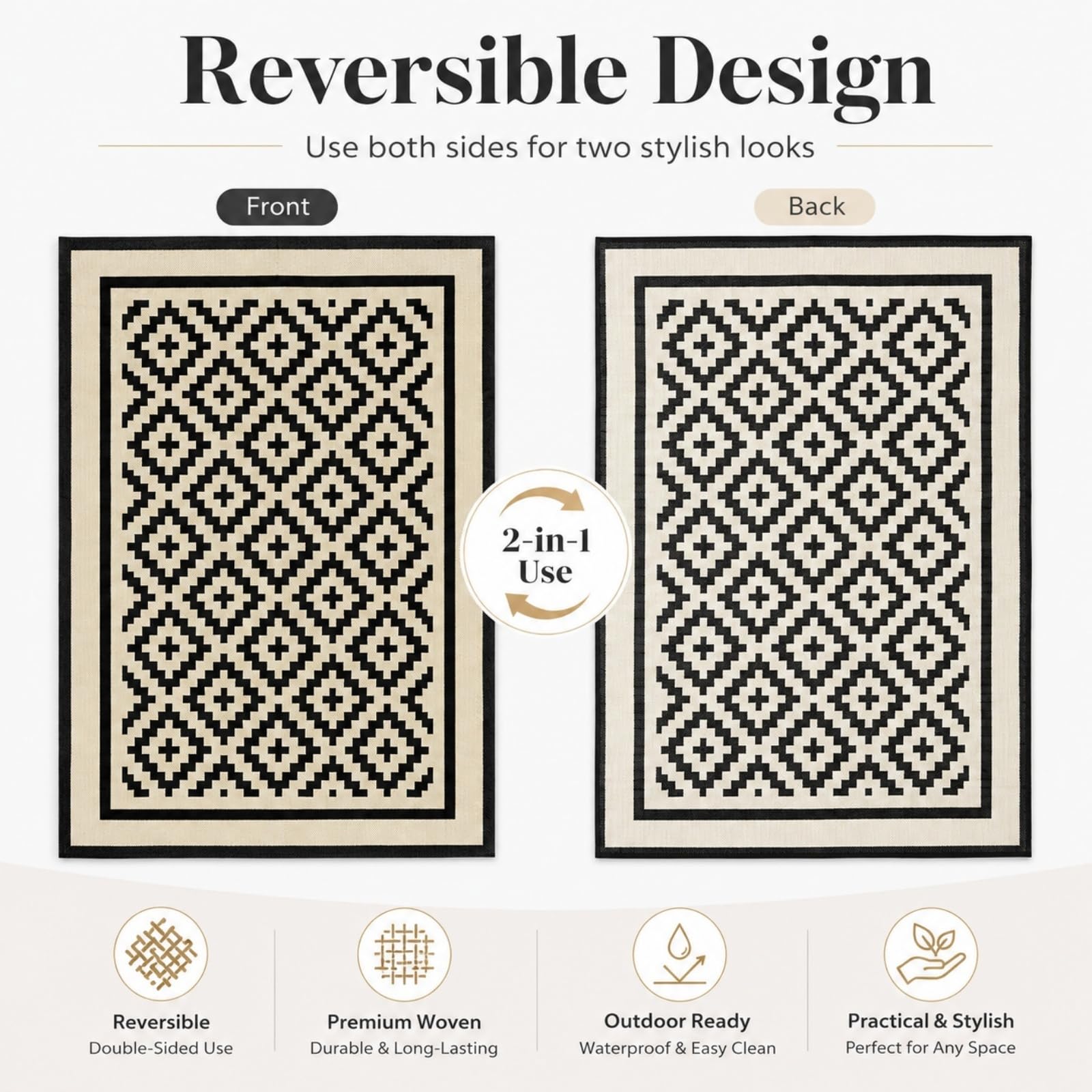 Hixingo Tappeto da Esterno Impermeabile in Plastica (Rombi,183x274cm) | Grande Tappeto da Giardino Reversibile Leggero Resistente ai Raggi UV Pieghevole Tappetino per Patio Balcone Terrazza