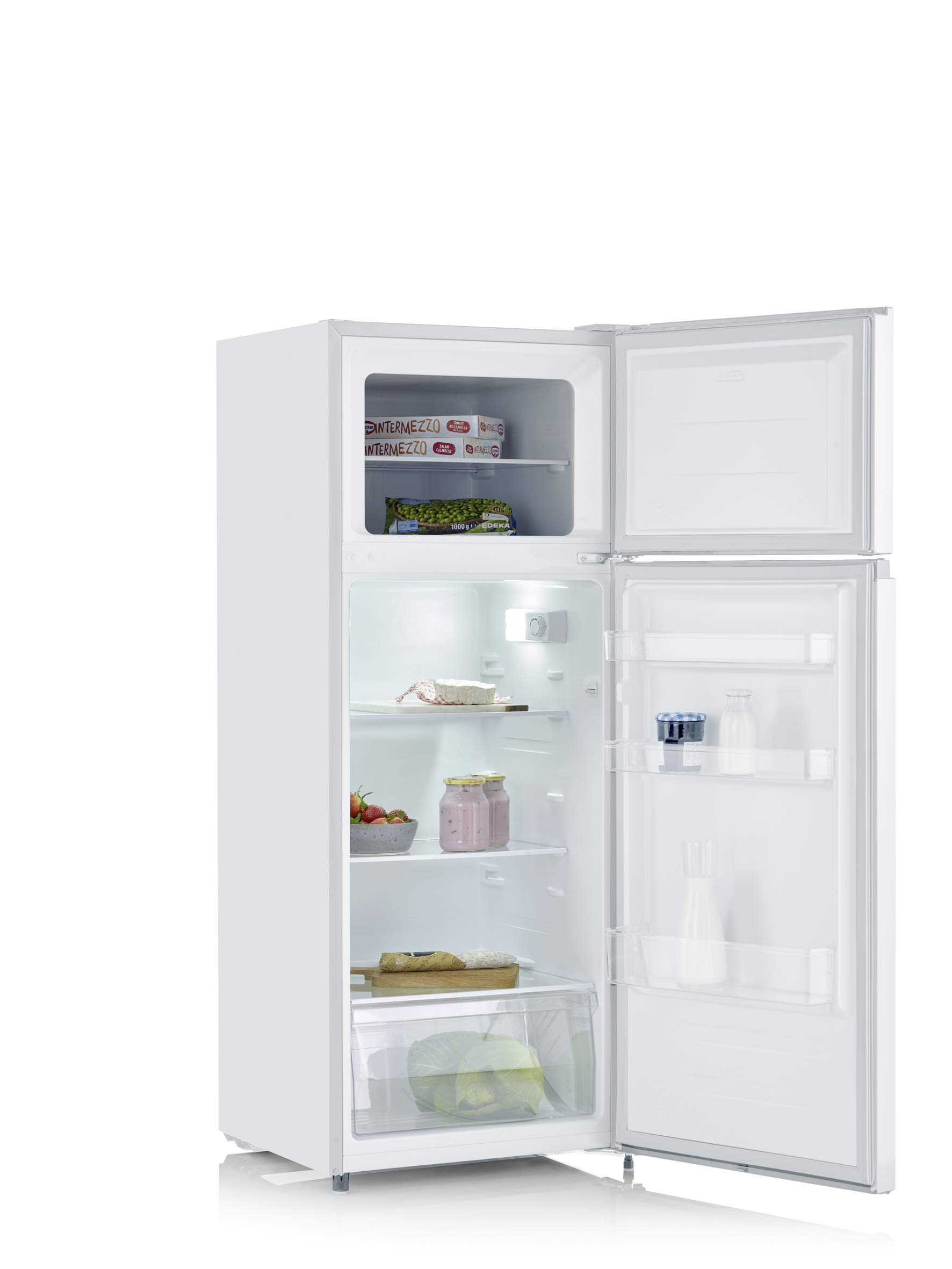 Severin Réfrigérateur Congélateur Haut 2 portes, Pose libre, Longueur 55 cm, 206 litres, Classe E, Veggibox incluse, Blanc, DT 8760