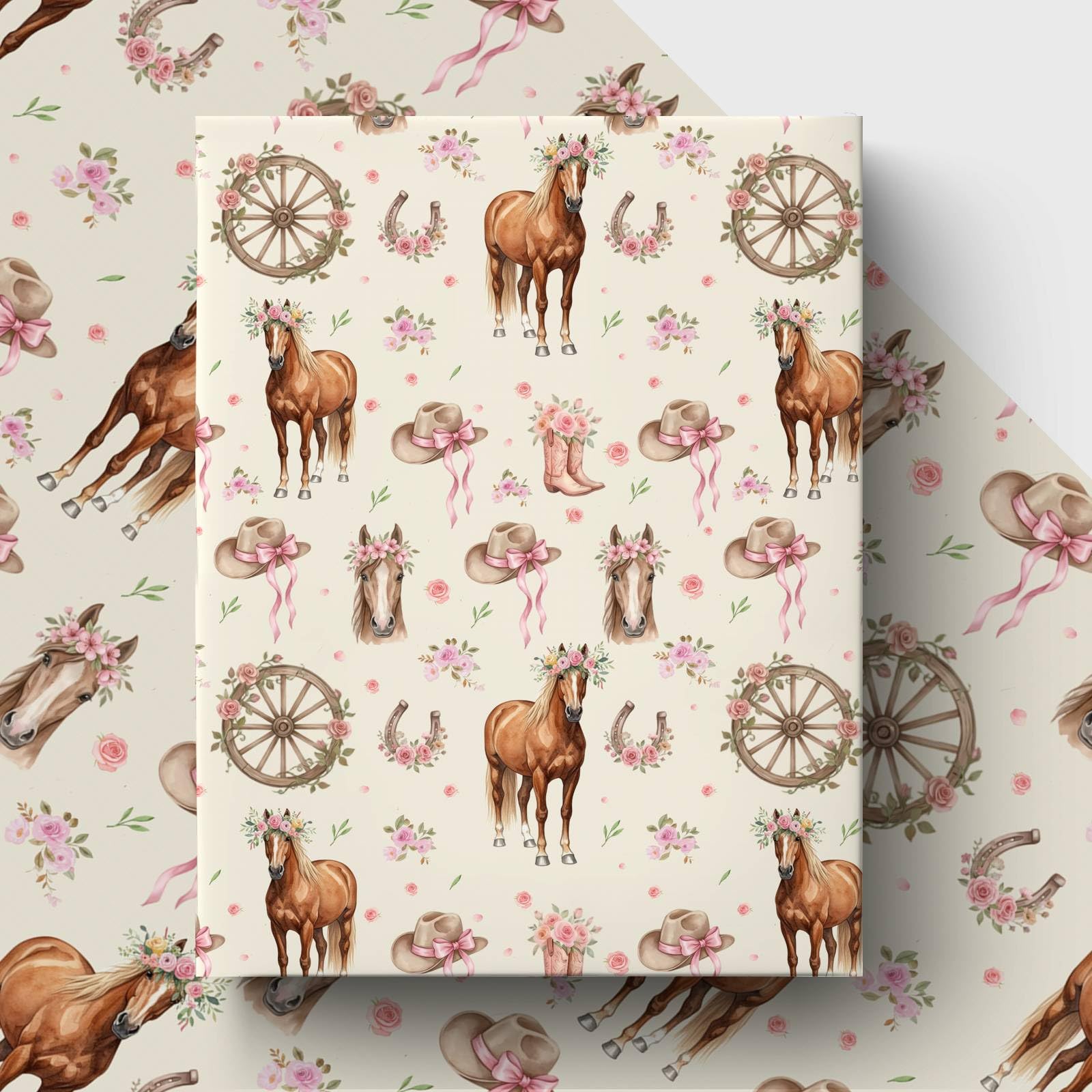 GleeWrap Horse Wrapping Paper 4 Sheets 50x70cm, Pink Cowgirl Gift Wrap with Floral & Western Design for Girls Birthday, Baby Shower, Party Gifts