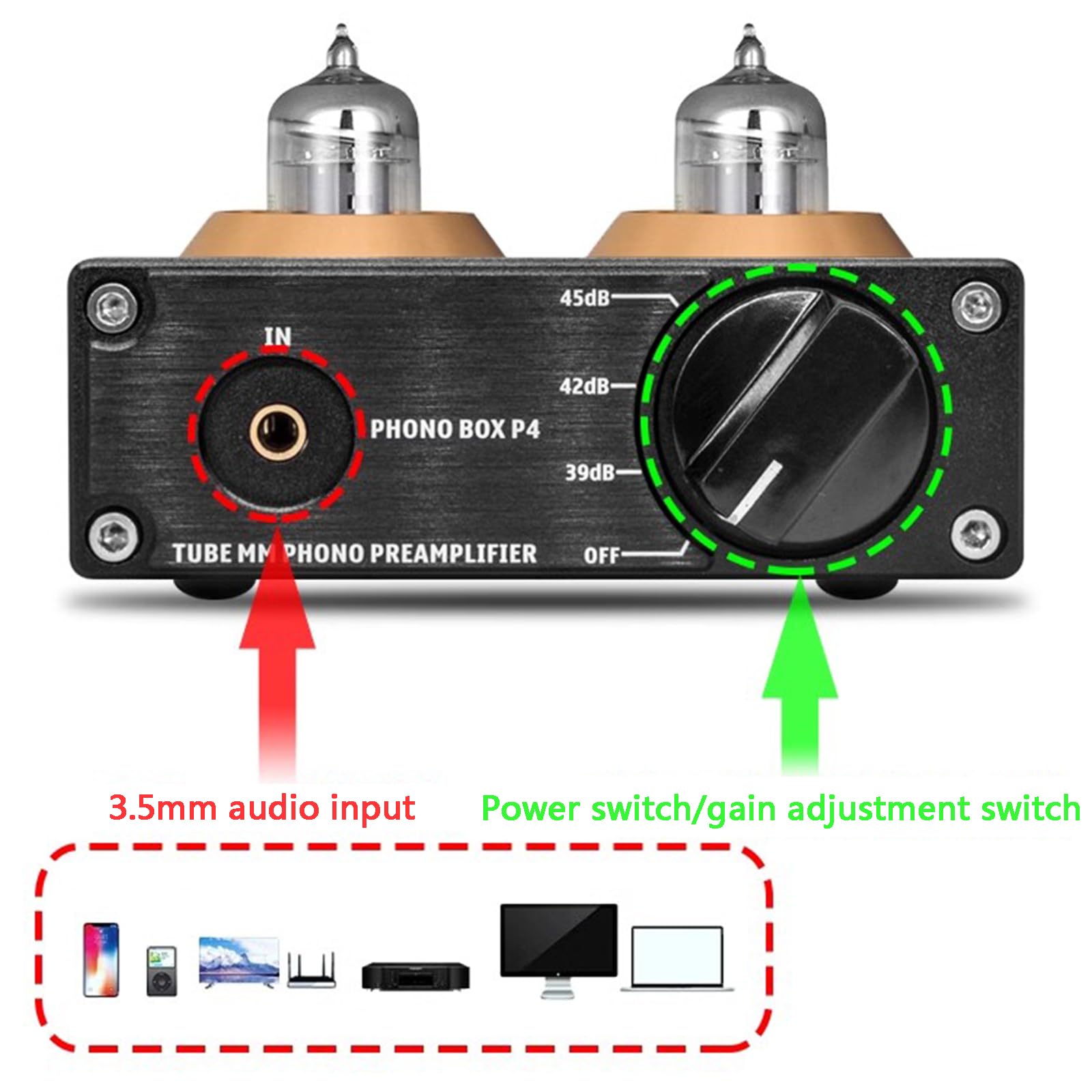 Préamplificateur Phono, Mini Préamplificateur Audio Stéréo Hi-FI, avec Engrenage De Gain, Tubes À Vide, Préamplificateur pour Platine Vinyle MM/MC, Phonographe Et Tourne-Disque