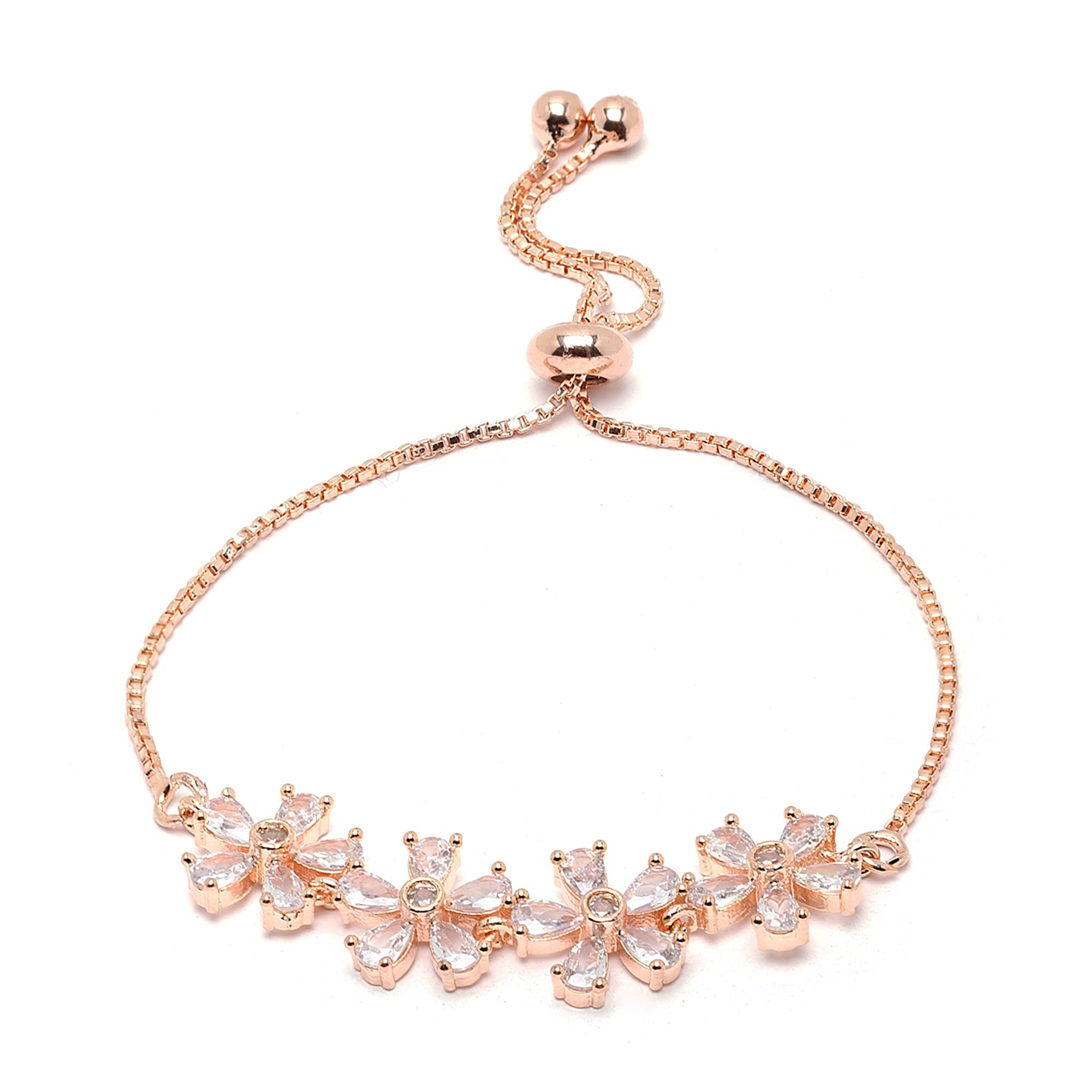 KENNICE Rose Gold-Plated American Diamond studded Floral Shaped Link Bracelet Jewellery for Girls and Women