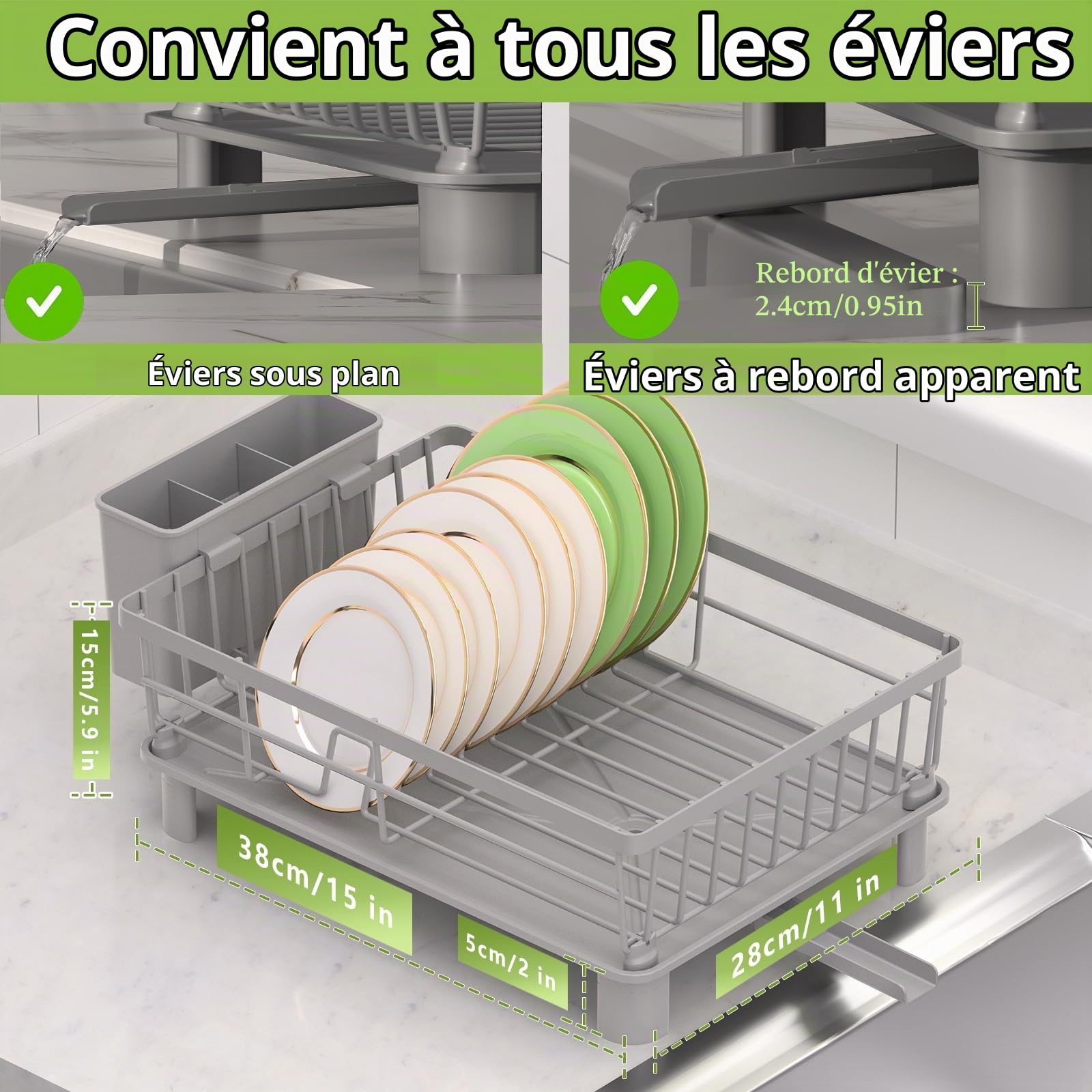 Egoutoire Vaisselle Cuisine,Égouttoir à Vaisselle en Acier Inoxydable avec Porte-Ustensiles,Egouttoir avec Plateau d'égouttage,Drainage Automatique,Rangement et Organisation de Cuisine