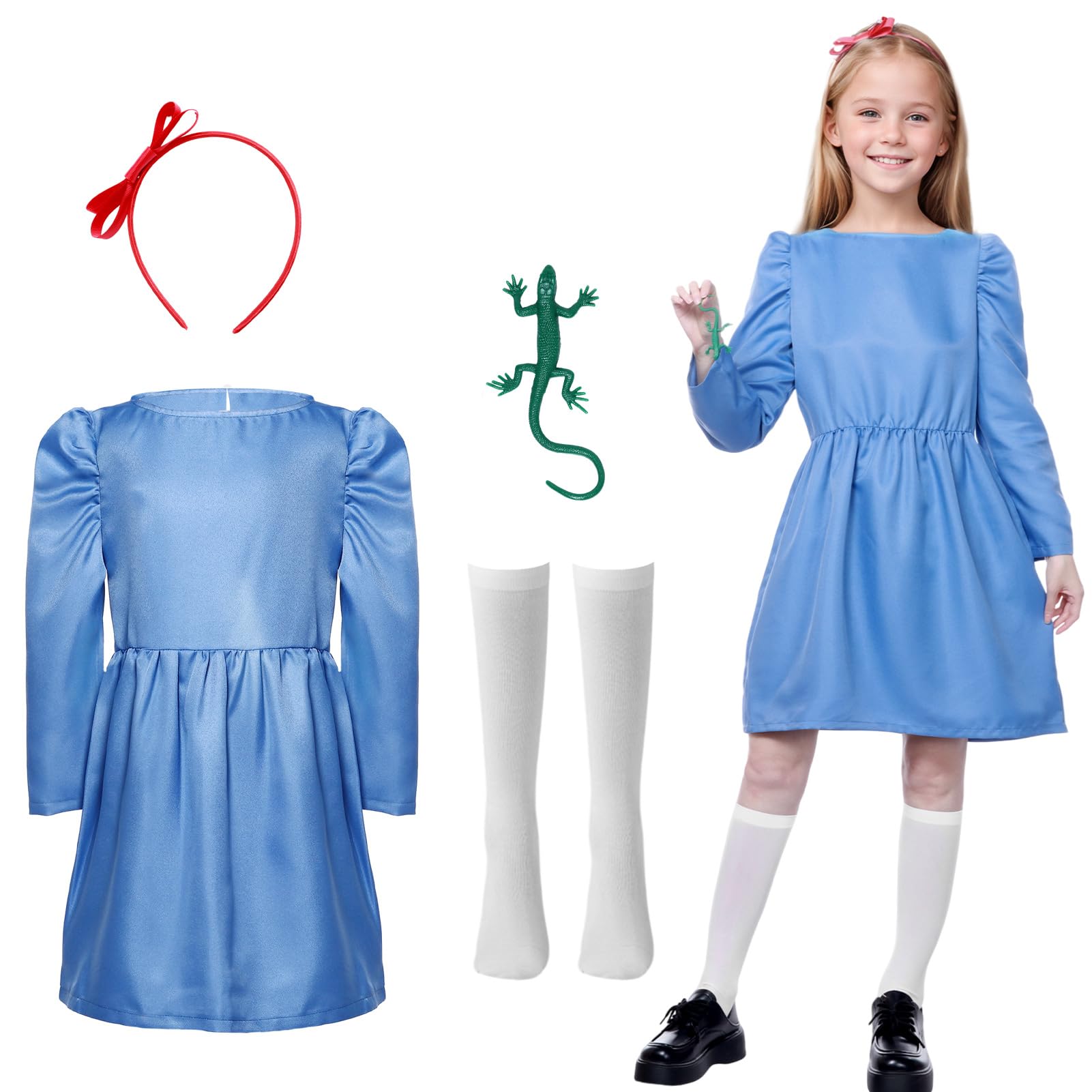 Formemory 4Pcs Matilda Costume Kids,World Book Day Costumes for Gilrs with Blue Dress,Hairband,Socks and Lizard Prop for Book Character Dress Up and School Events