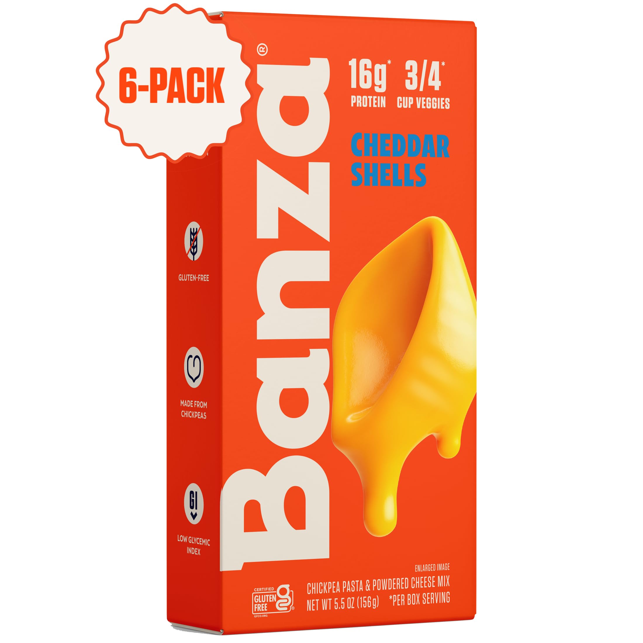 Banza Mac and Cheese, Shells with Classic Cheddar – High Protein, Gluten Free, and Lower Carb, 5.5oz (Pack of 6)