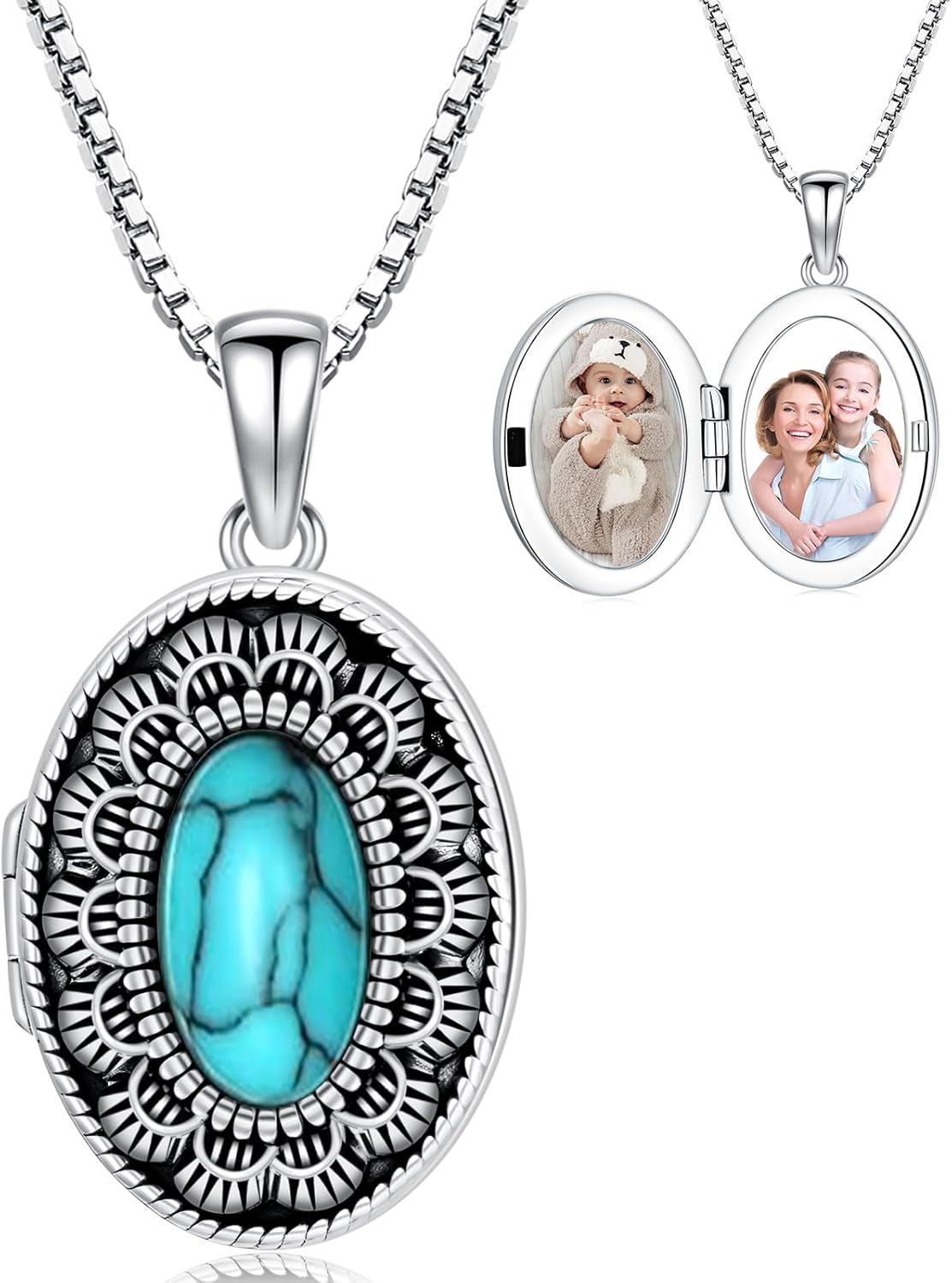 Locket Necklace Sterling Silver Oval Turquoise Flower Pendant Holds Pictures Vintage Style Photos Locket Memorial Jewelry Gifts for Women Men Loved One