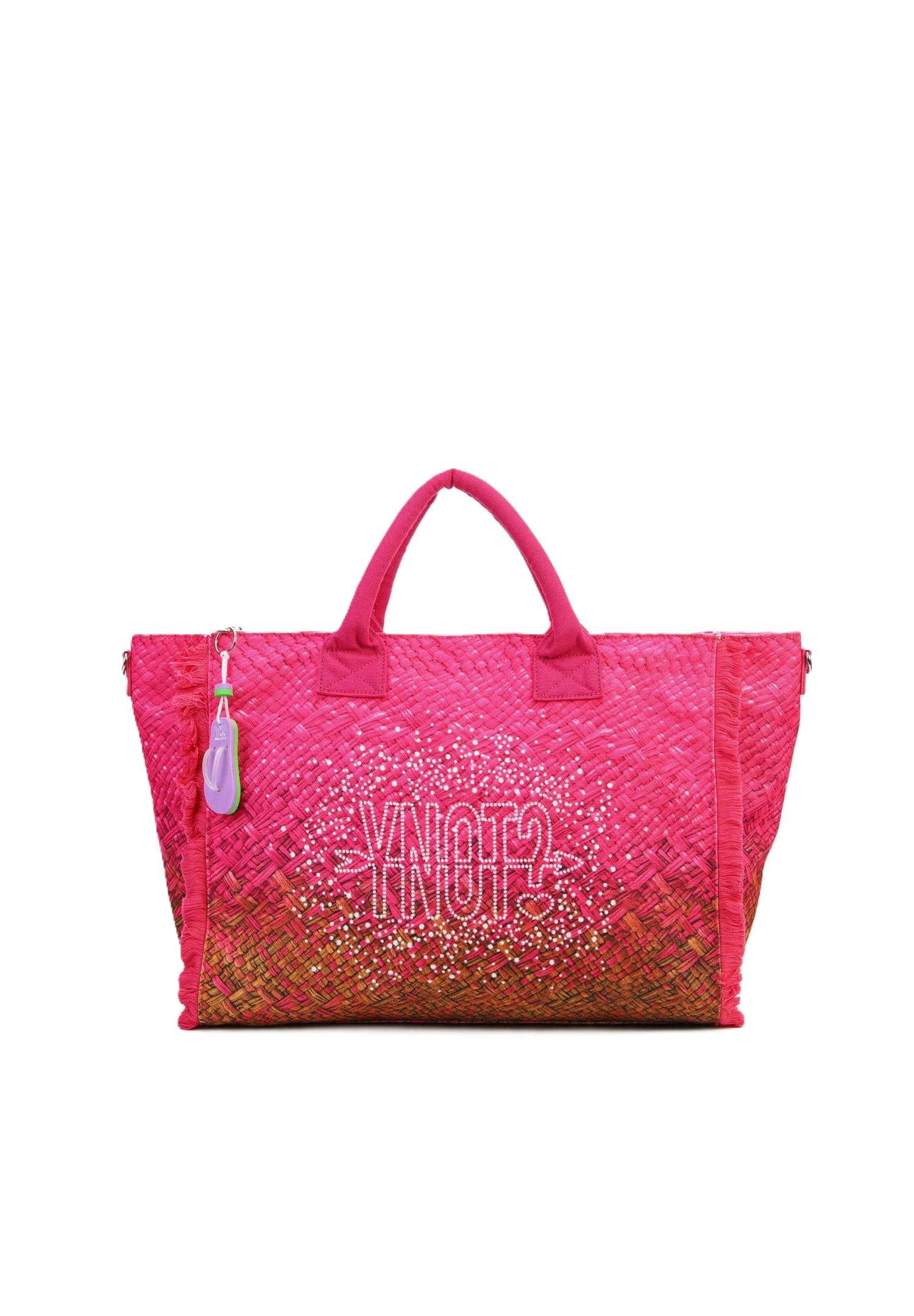 YNOT Borsa Mare Tote Macao MAC001S6, Nylon con Effetto Intrecciato Sfumato, Strass e Frange, 57x33,5x19 cm, Guava