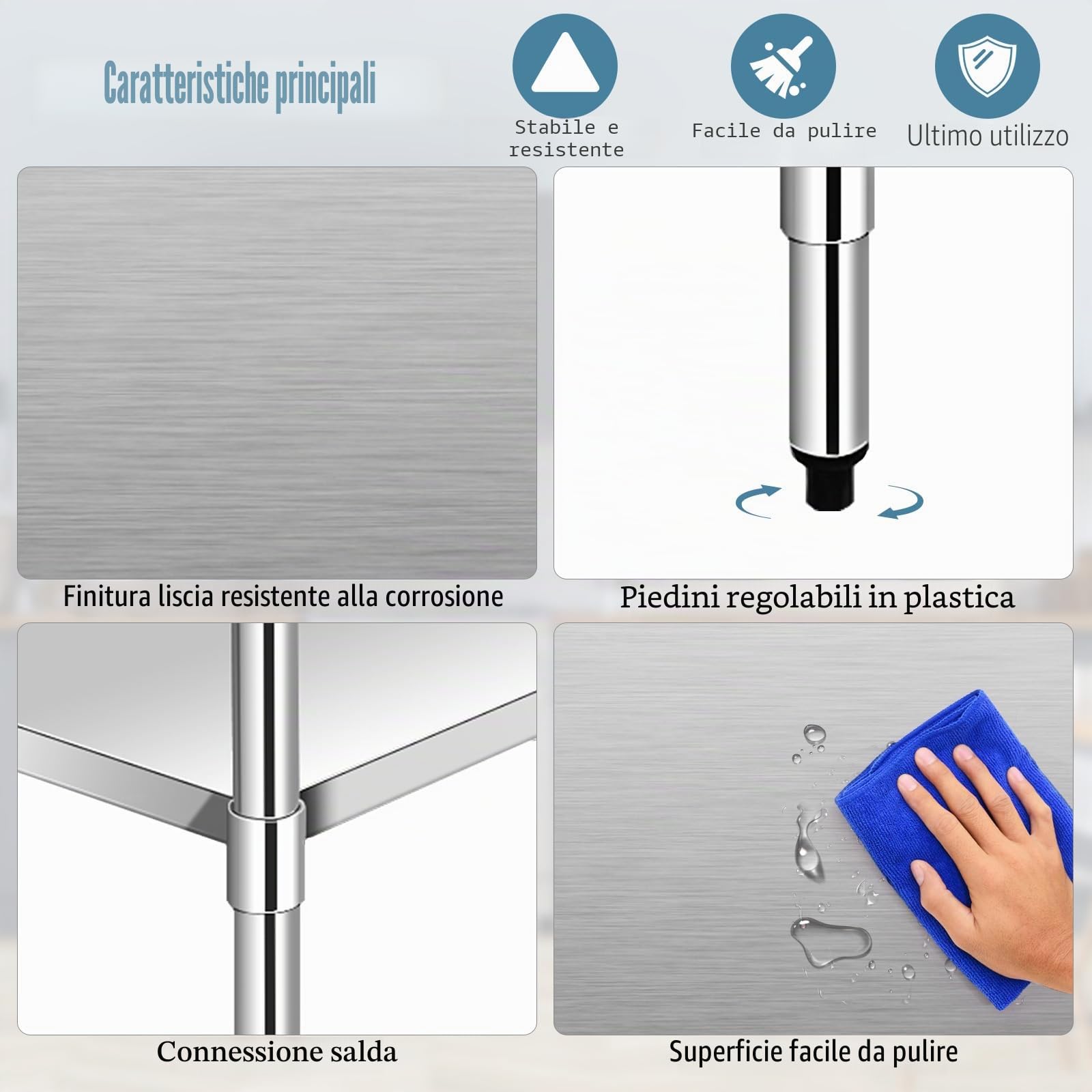GIANTEX Tavolo da Lavoro in Acciaio Inox a 2 Livelli, Tavolo da Cucina Multifunzione con Ripiano Regolabile e Piedini Livellanti, per Preparazione Alimentare, 122x61x89 cm