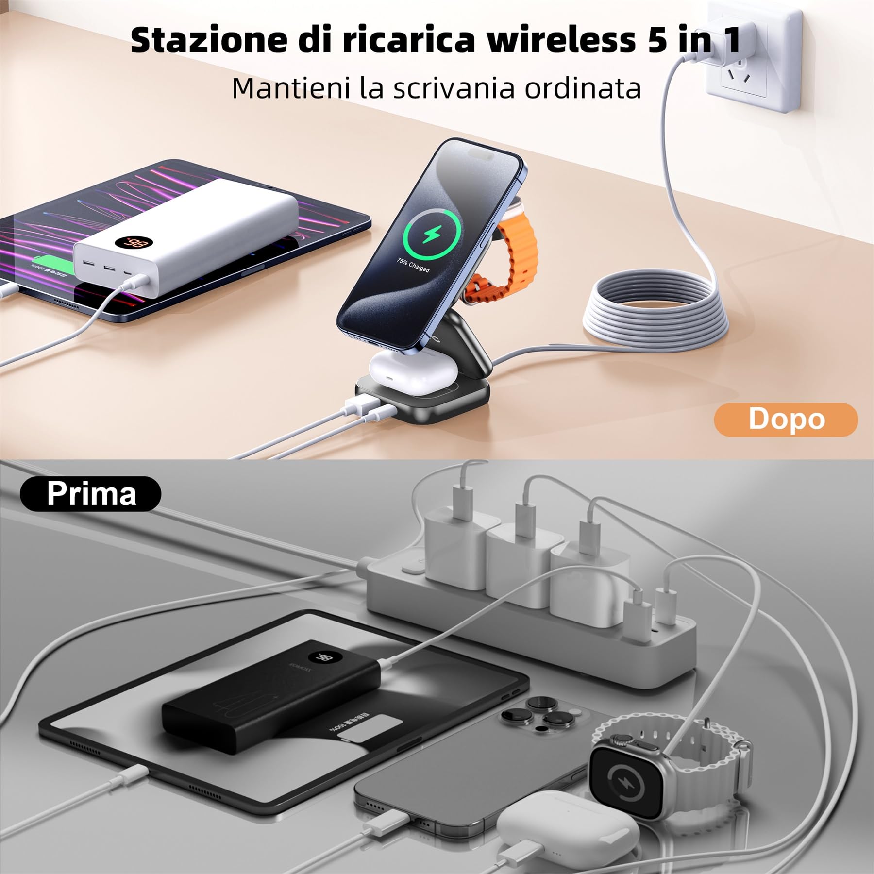 AC Island 2025 Caricatore Wireless Pieghevole 5 in 1, Stazione di Ricarica, Supporto di Ricarica Magnetica per iPhone 17/16/15/14/13/12 Serie, Apple Watch 11/Ultra, per AirPods Pro 3(Grigio)