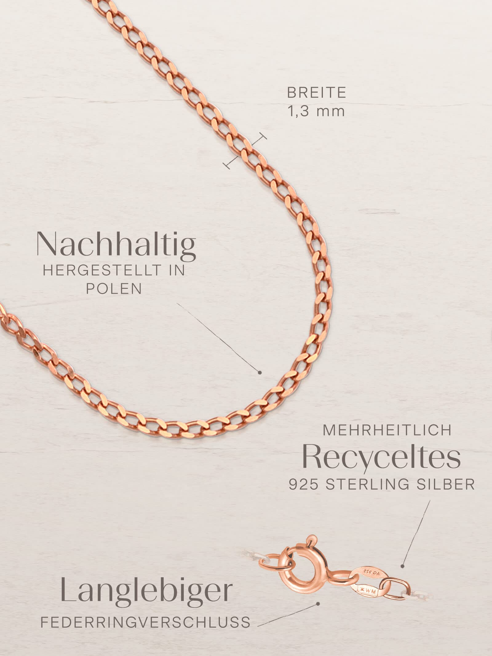 modabilé Panzerkette Damen Halskette Rosegold Vergoldet 925 Sterling Silber (35cm-90cm 1,3mm breit) Rosegoldene Kette ohne Anhänger Kurz Ketten Frauen