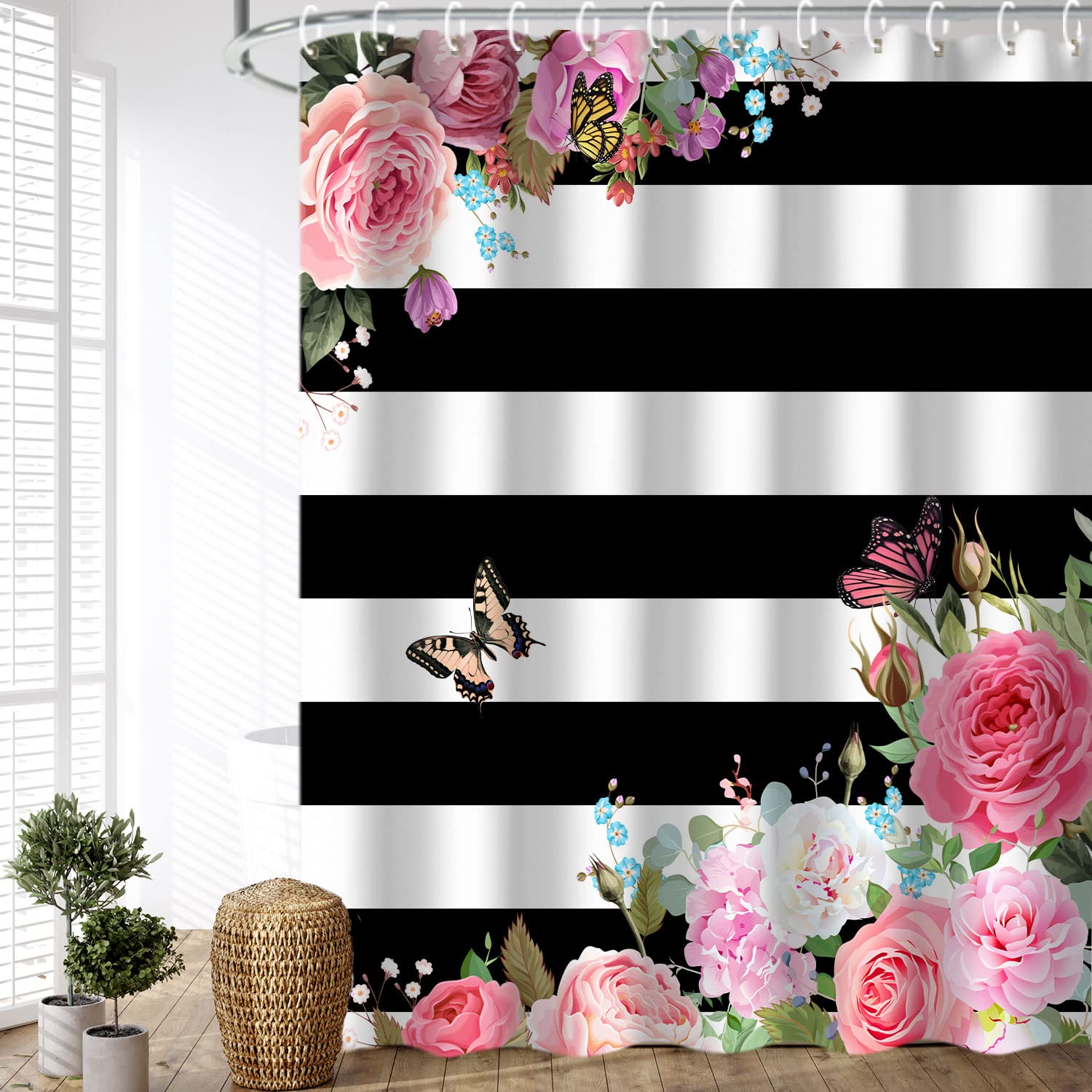 LIVILAN Pink Shower Curtains for Bathroom Floral Shower Curtain Flowers Girly Butterfly Black and White Striped Shower Curtain Set with Hooks 72" W x 84" H Machine Washable โ image 1