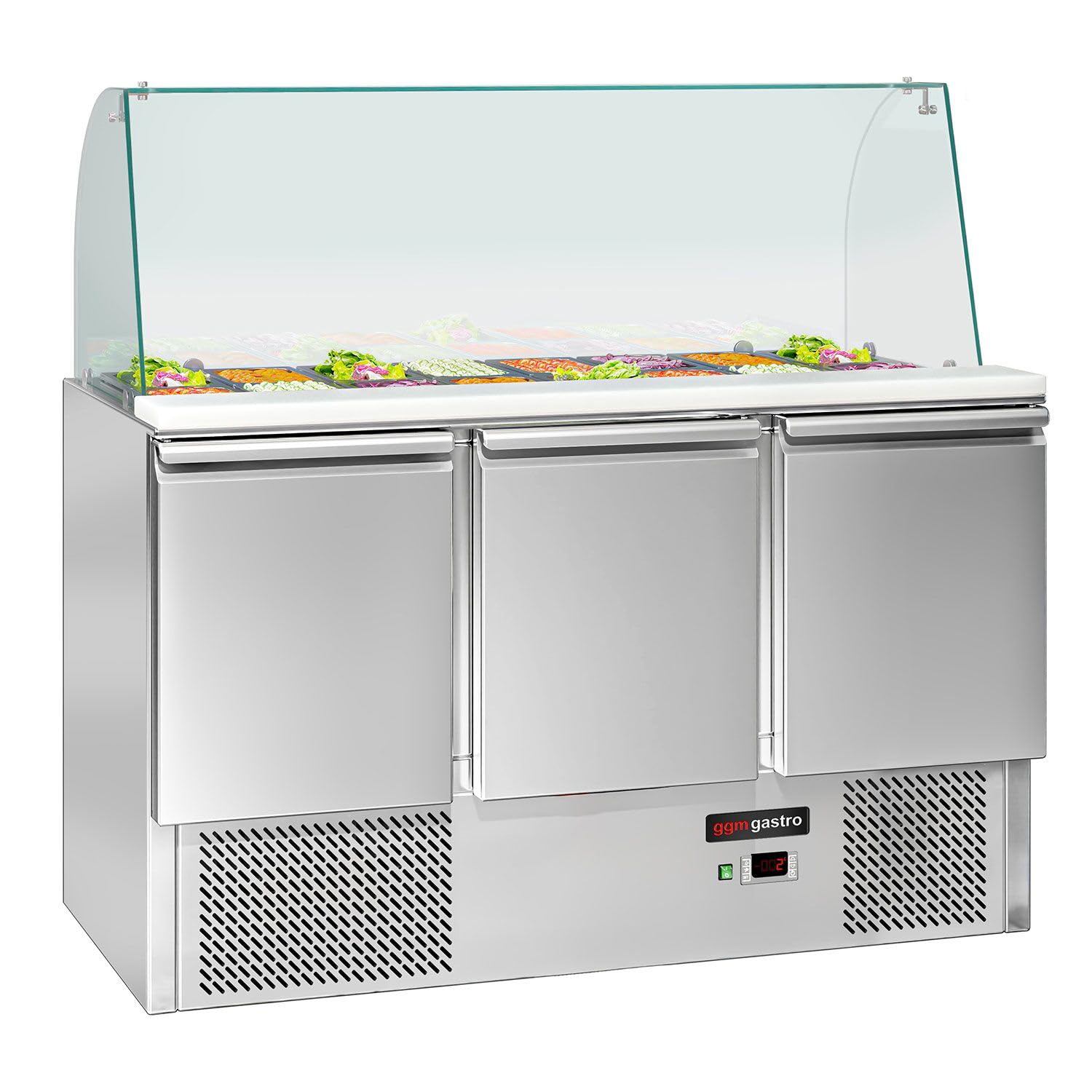 GGM Gastro Saladette ECO - 3 Puertas - 260 Litros - Parte Superior de Vidrio Alto - 4x GN 1/1 - Acero Inoxidable - Aislamiento de Poliuretano de 4 cm - Termostato - SAG147DRG#GSG147#07