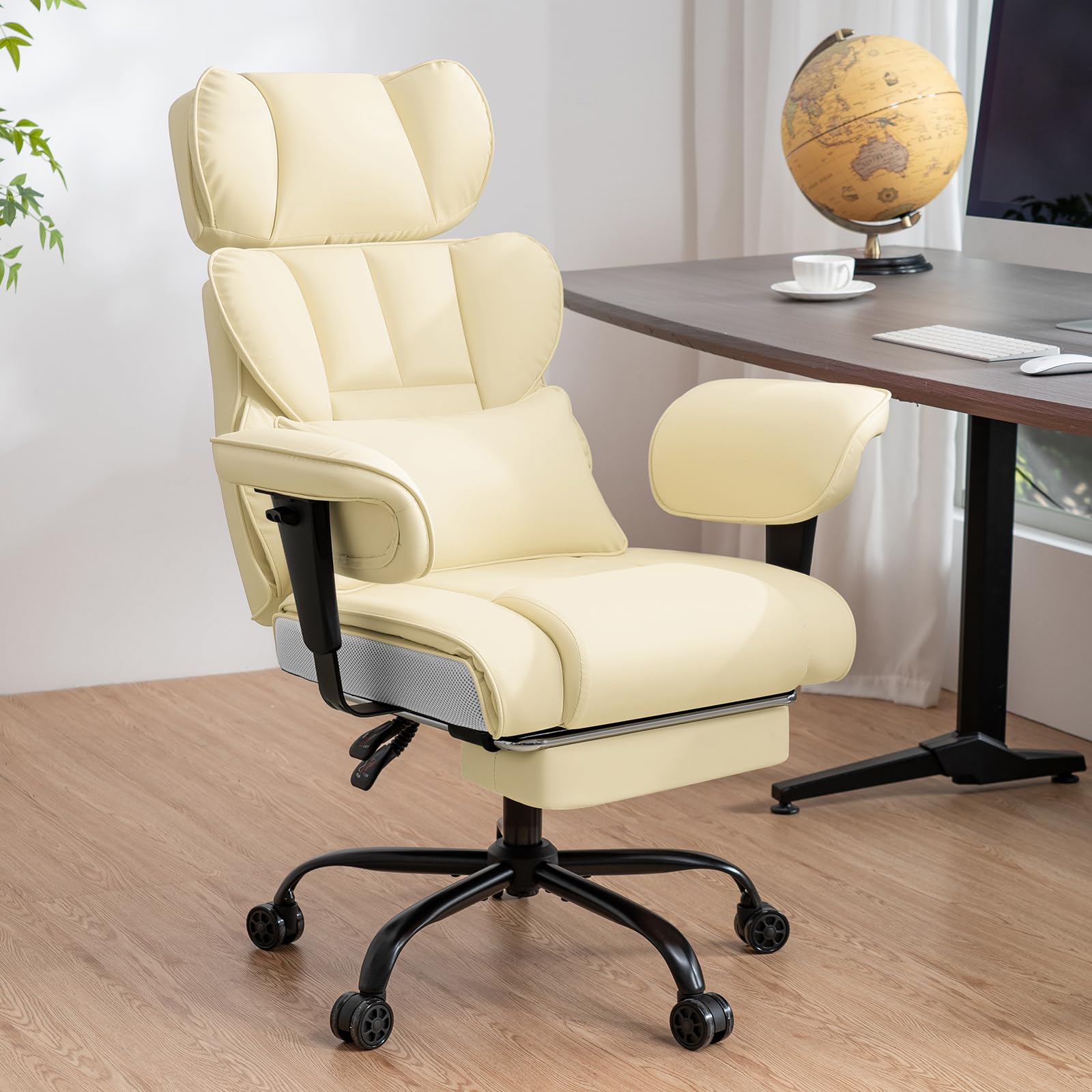 HOFFREE Ergonomischer Bürostuhl mit Fußstütze PU Leder Chefsessel mit 155° Liegefunktion, Verstellbare Armlehnen und Kopfstütze, Bürosessel Chefsessel 200kg für Büro und Schlafzimmer (Beige)