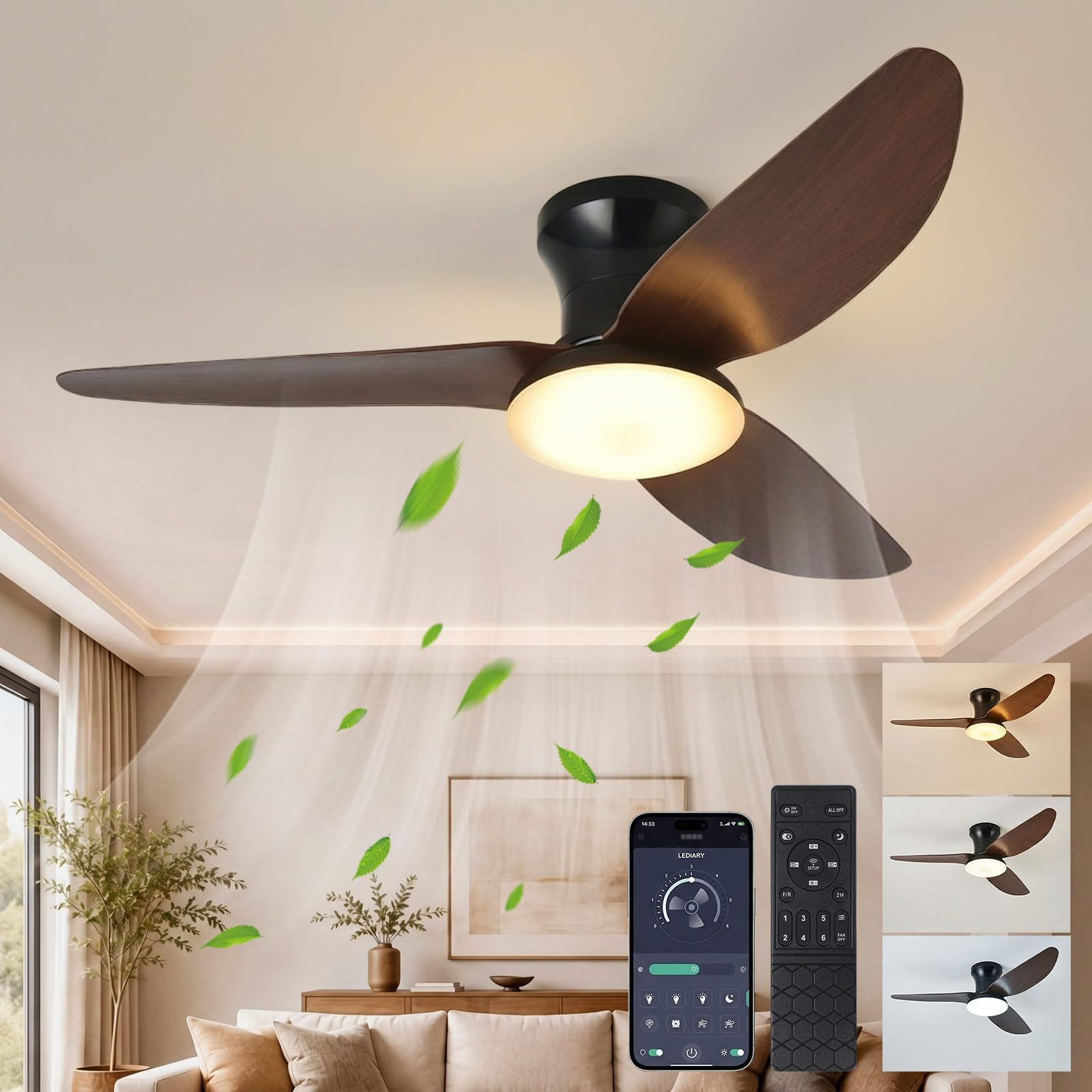 Dimmbarer Smart Deckenventilator mit Beleuchtung & Fernbedienung 39" / 100cm, Reversibler DC-Motor, 6 Geschwindigkeiten, Timer & 3 Lichtfarben, für Schlafzimmer Wohnzimmer