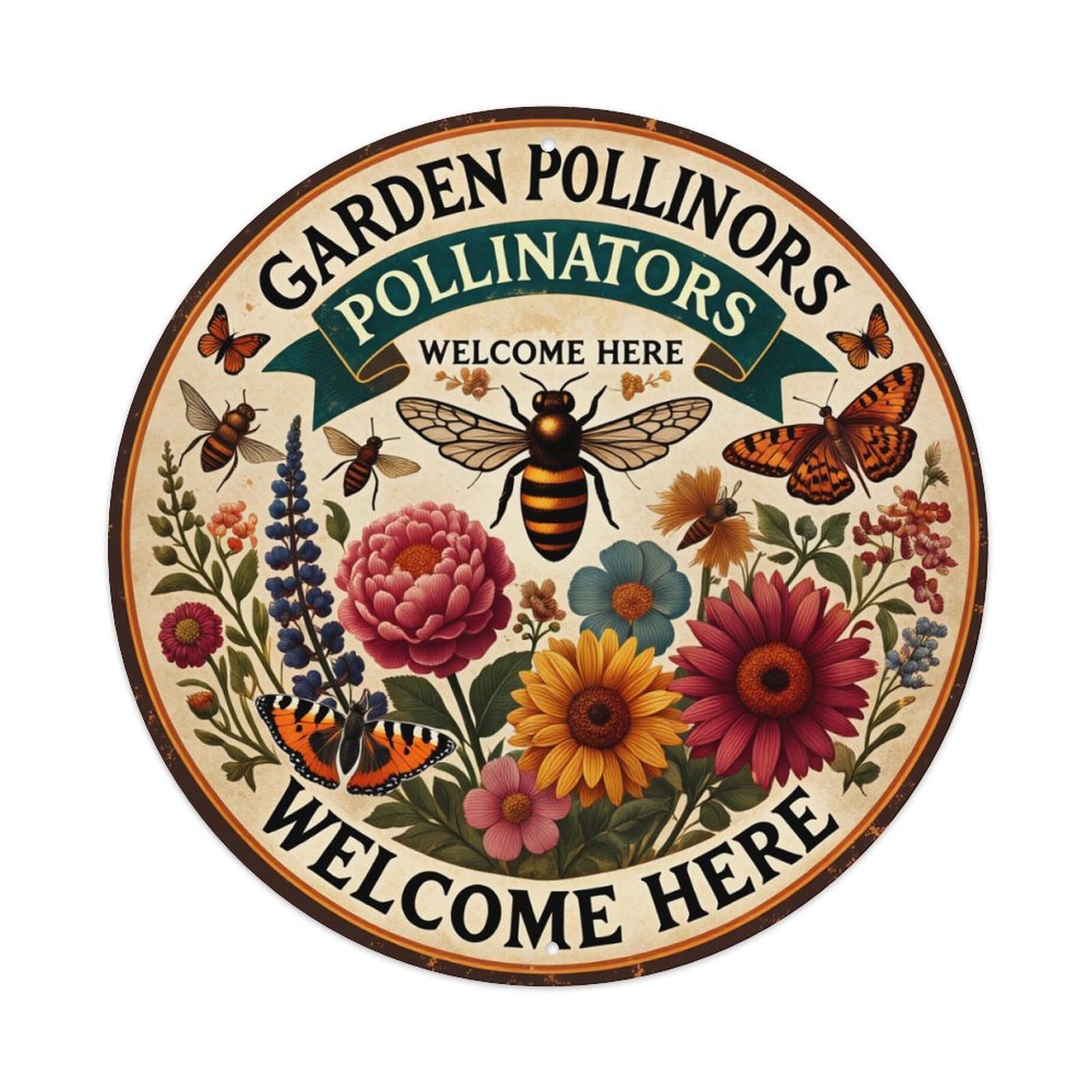 Garden Pollinators Welcome Here Round Tin Sign Vintage Metal Poster, Home Bar Garage Man Cave Cafe Indoor & Outdoor Wall Decoration 8x8Inches