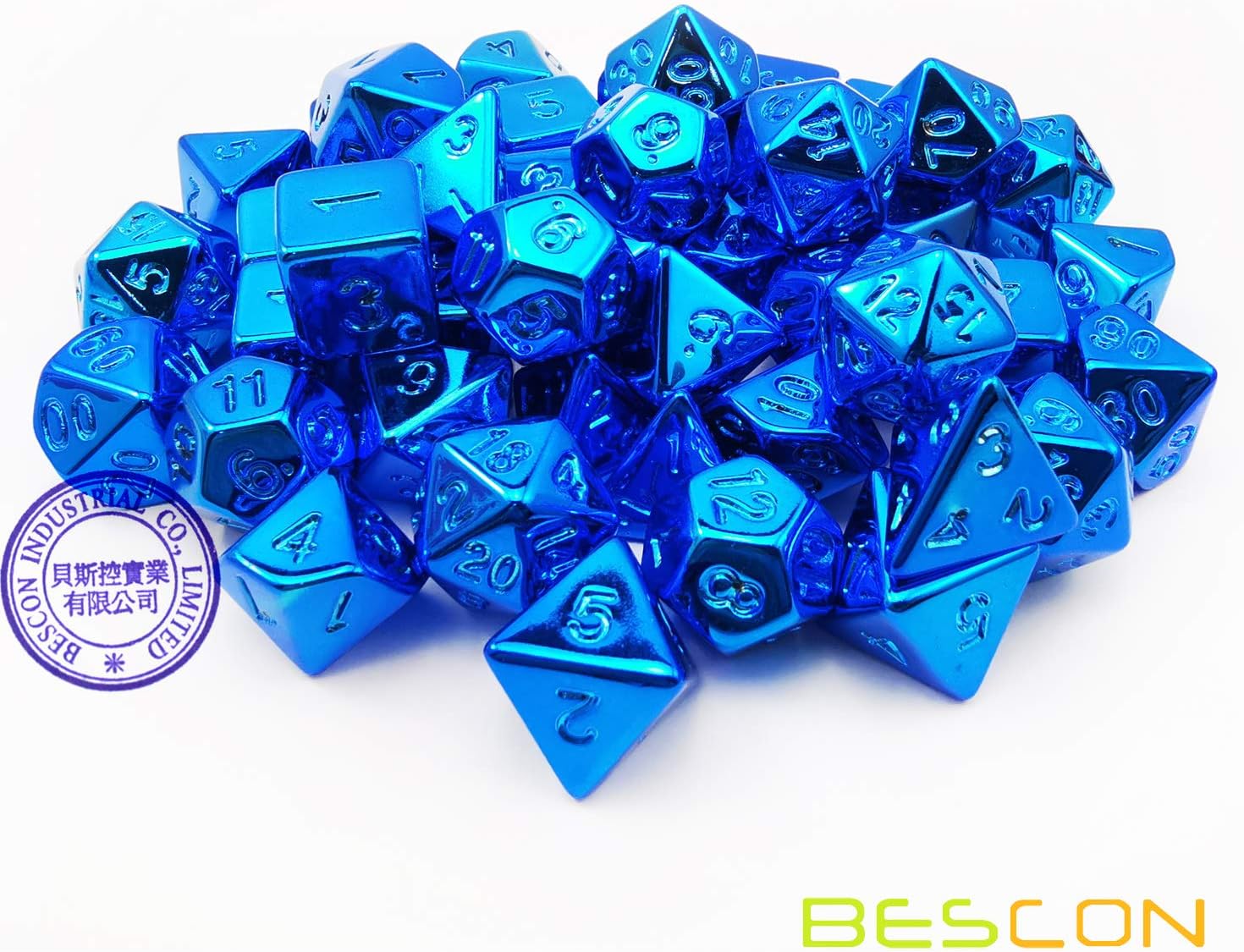 Bescon Unpainted Raw Plating Polyhedral Dice Set of Glossy Blue, RPG Dice Set of 7