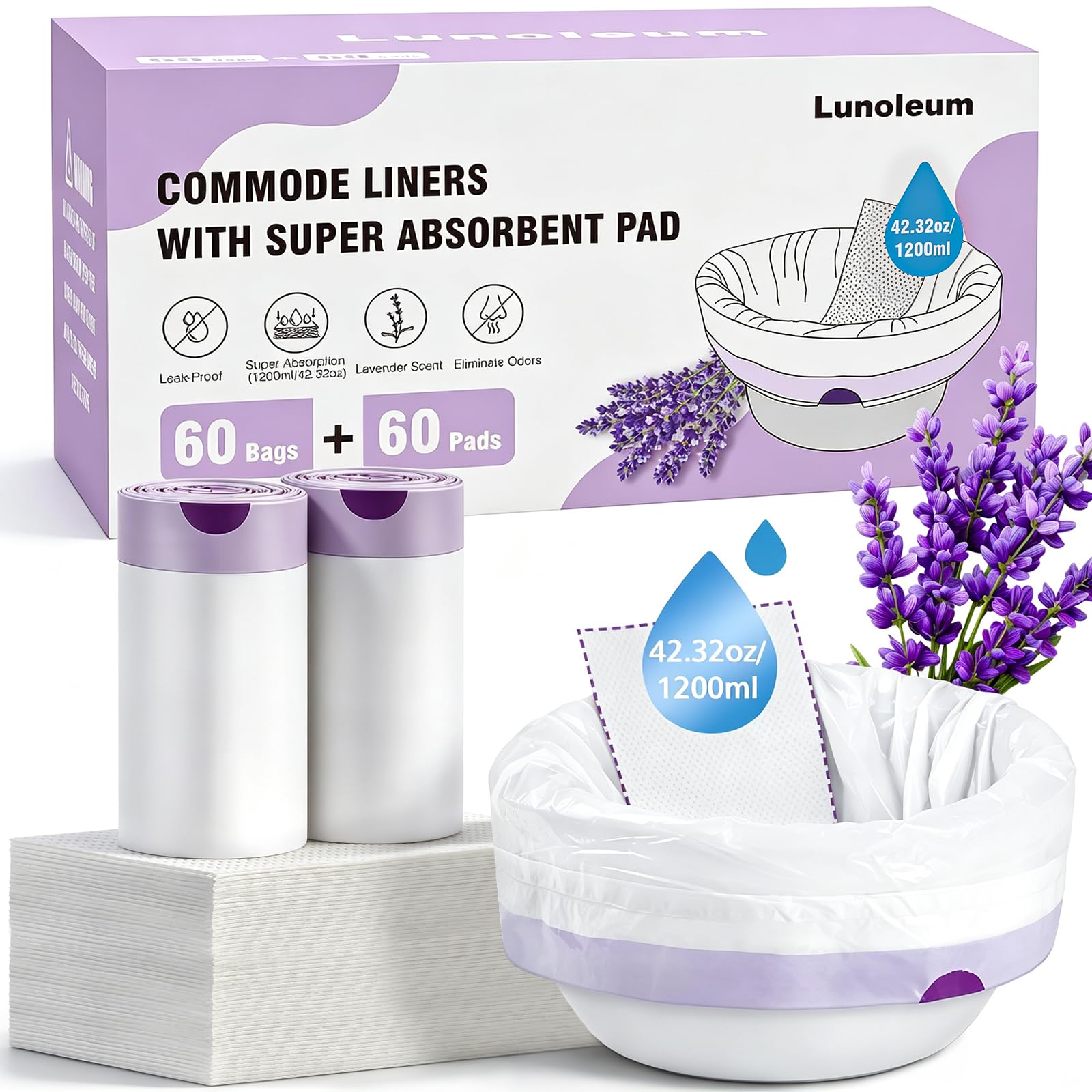 60 Commode Liners with Absorbent Pads,Disposable Toilet Liners and Bags