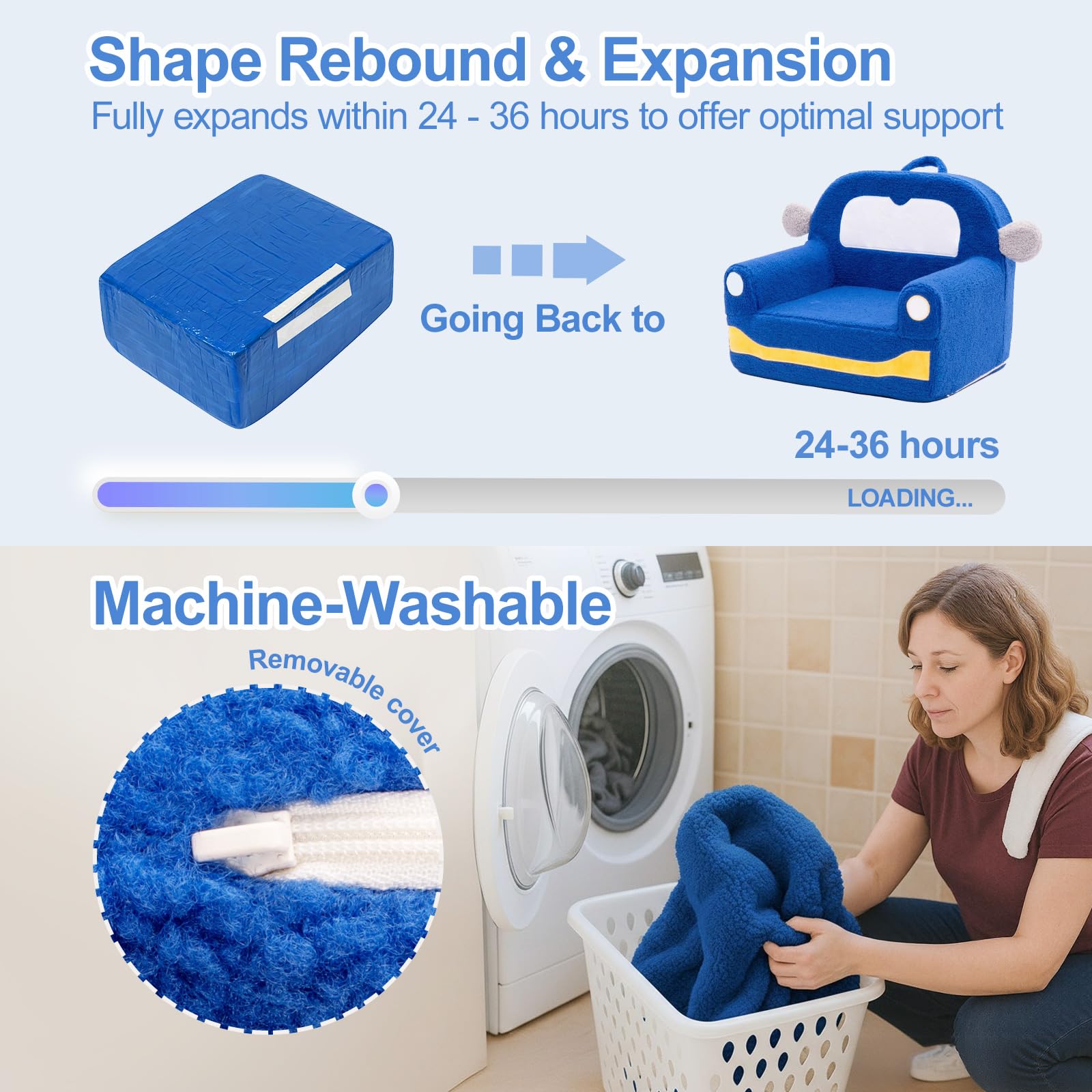 OUOZZZ Divanetto bambini 1-3 anni, poltrona poltroncina per bambini in sherpa morbido con cuscino, mini divano per cameretta， auto blu
