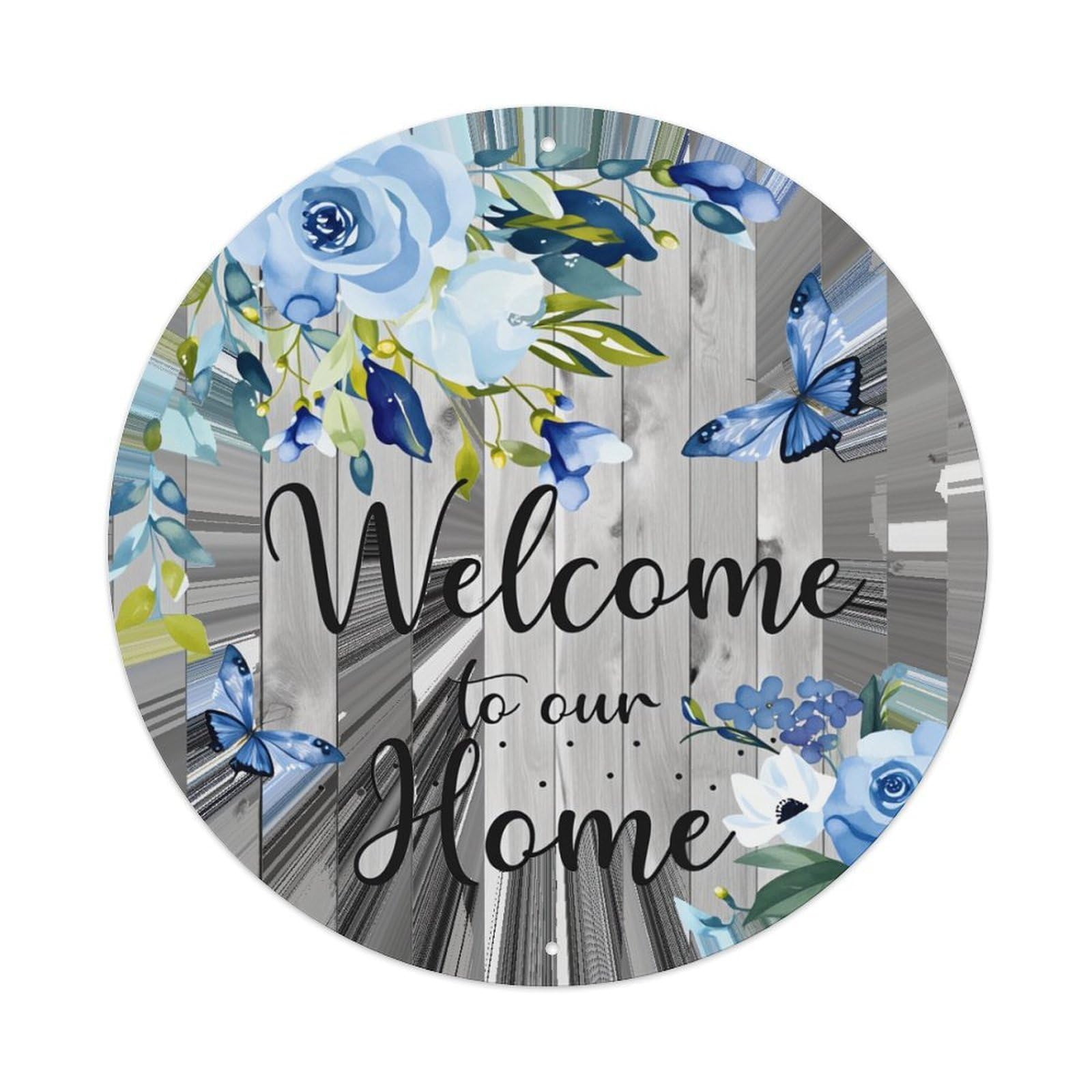 Floral Blue Butterflies Welcome Home Round Tin Sign Retro Metal Sign for Cafe Bar Pub Home Game Room Gym Club Wall Decoration Vintage Metal Poster 8x8 Inch