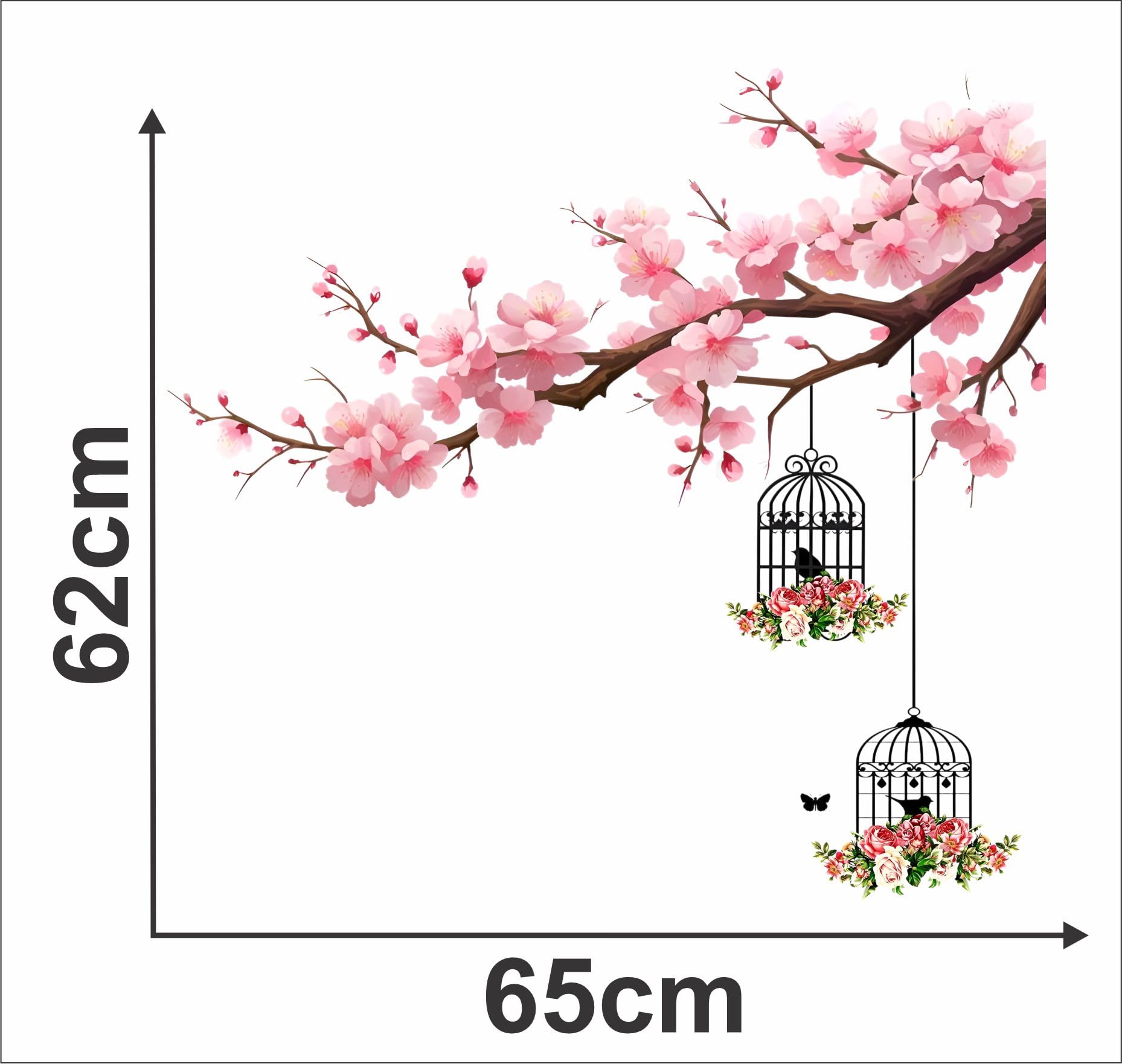 DECORAURA Cherry Blossom Tree Branch Wall Sticker with Hanging Bird Cage | Floral Wall Decal for Living Room Bedroom Nursery | Self Adhesive PVC Wall Decor 2