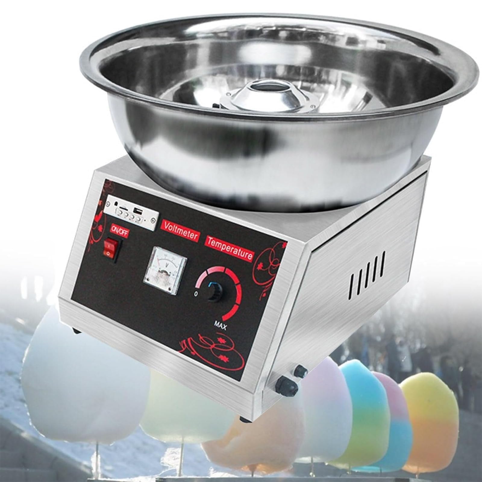 Elektrische Zuckerwatte-Maschine mit Edelstahl-Schüssel und Bluetooth-Verbindung für Zuhause und Partyveranstaltungen