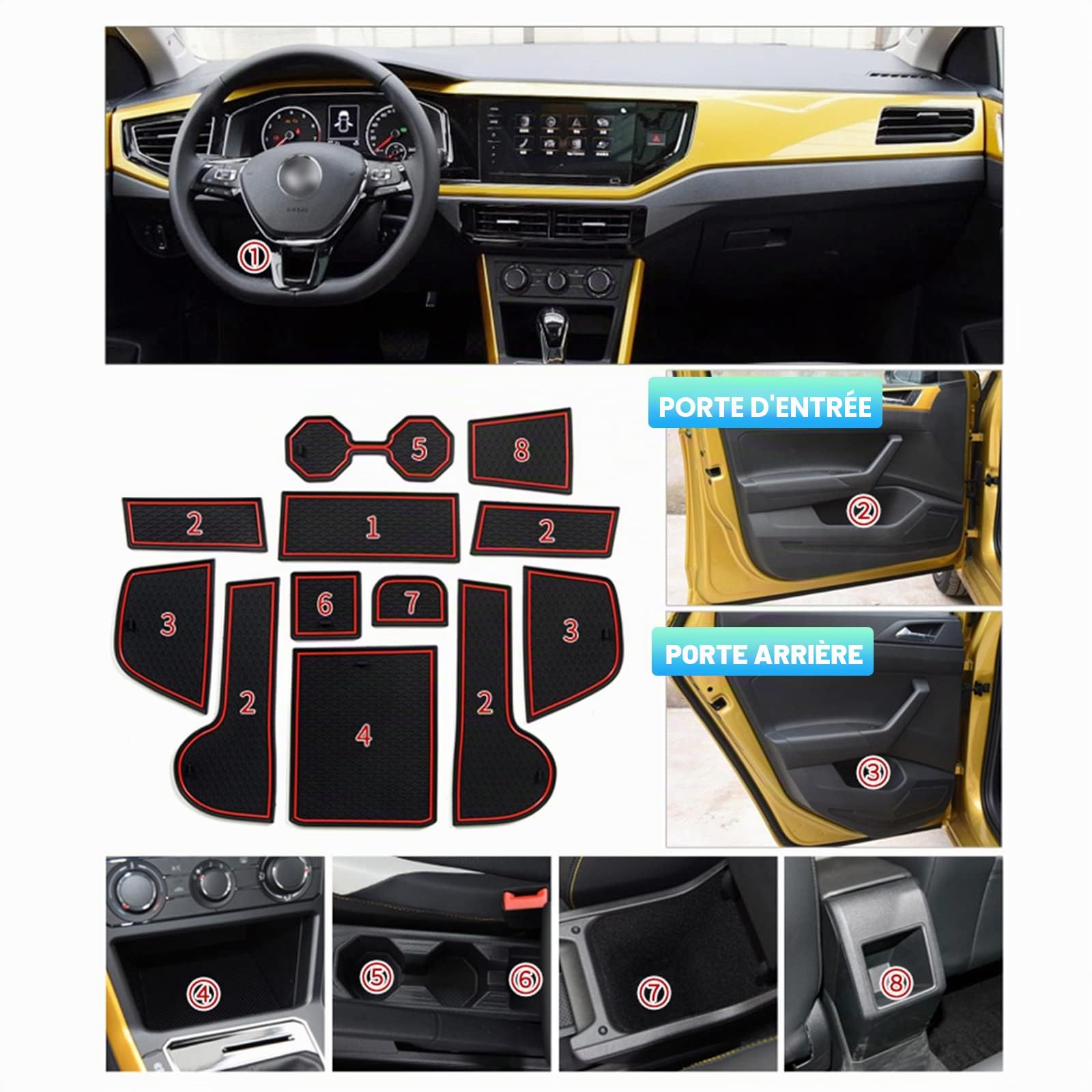 CDEFG Compatible avec VW Polo 6 AW 2019-2025 2026, Polo Tapis de Protection Anti-poussière Antidérapant Coupe Porte Gobelet Tasse Boîte de Bras Caoutchouc Console Centrale Polo MK6 Accessoire (Rouge)
