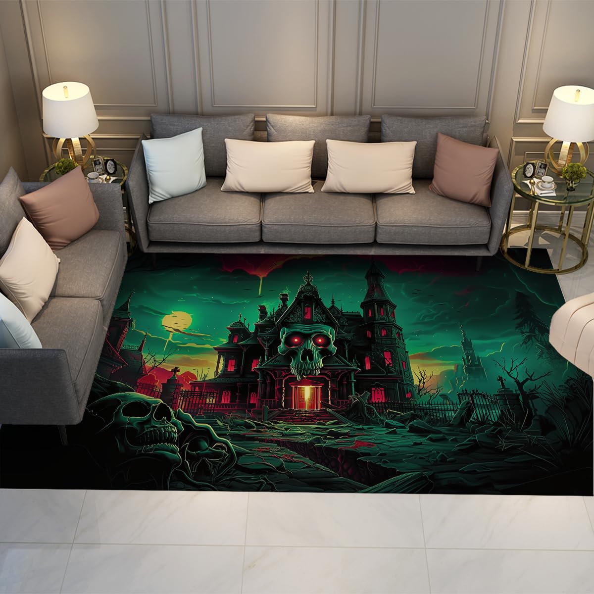 Area Rug 150 x 240 cm, nadający się do prania, dywan w stylu vintage, czaszka Castle of Terror, mata wewnętrzna, składany, cienki dywan, neonowy zielony i czerwony, ciemny wzór Sci-Fi