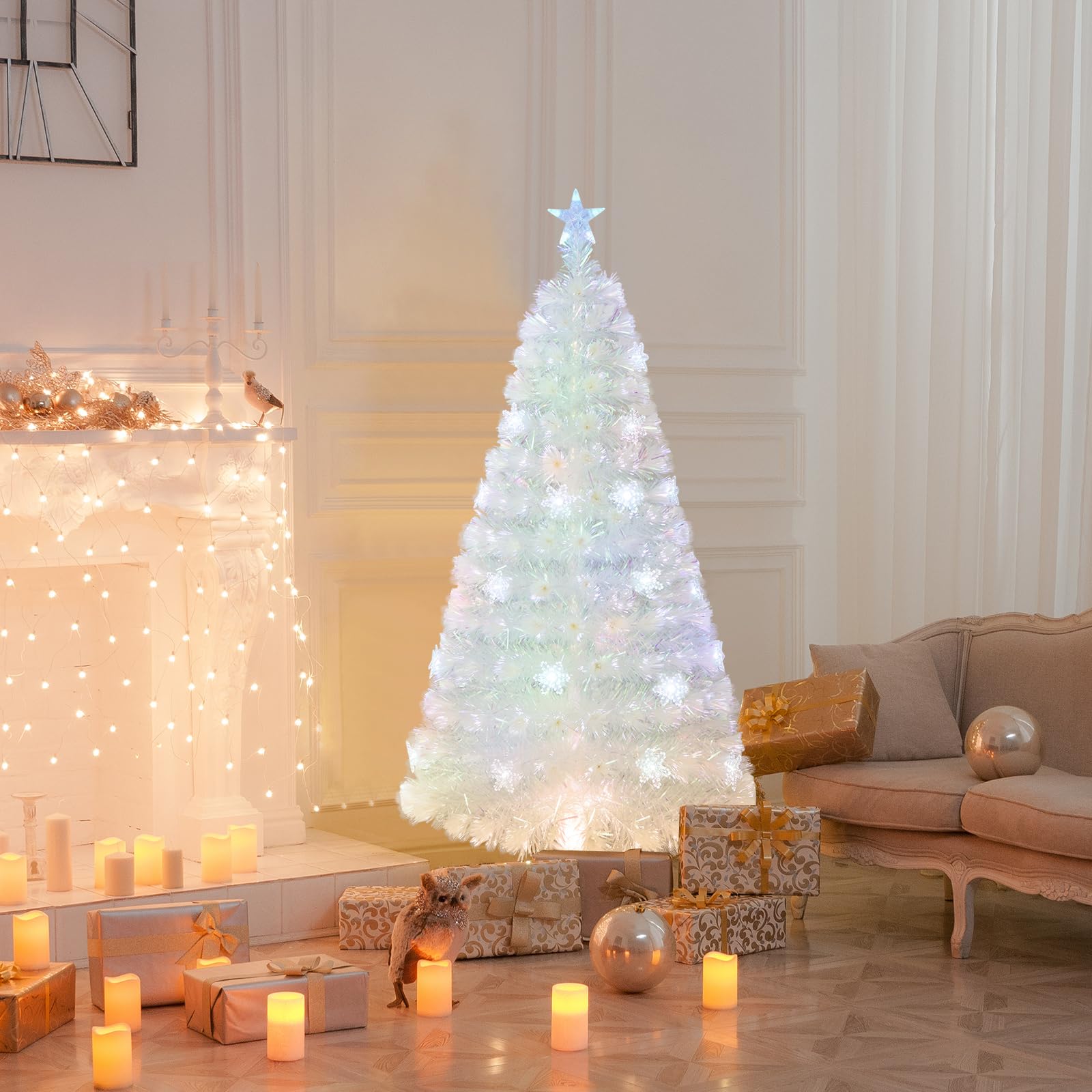 GYMAX Sapin de Noël Artificiel 150cm Lumineux LED, 24 Flocons de Neige de Lumières Multicolores, 170 Branches Blanches en Fibres Optiques, Support en Métal, pour Maison Magasin École Bureau