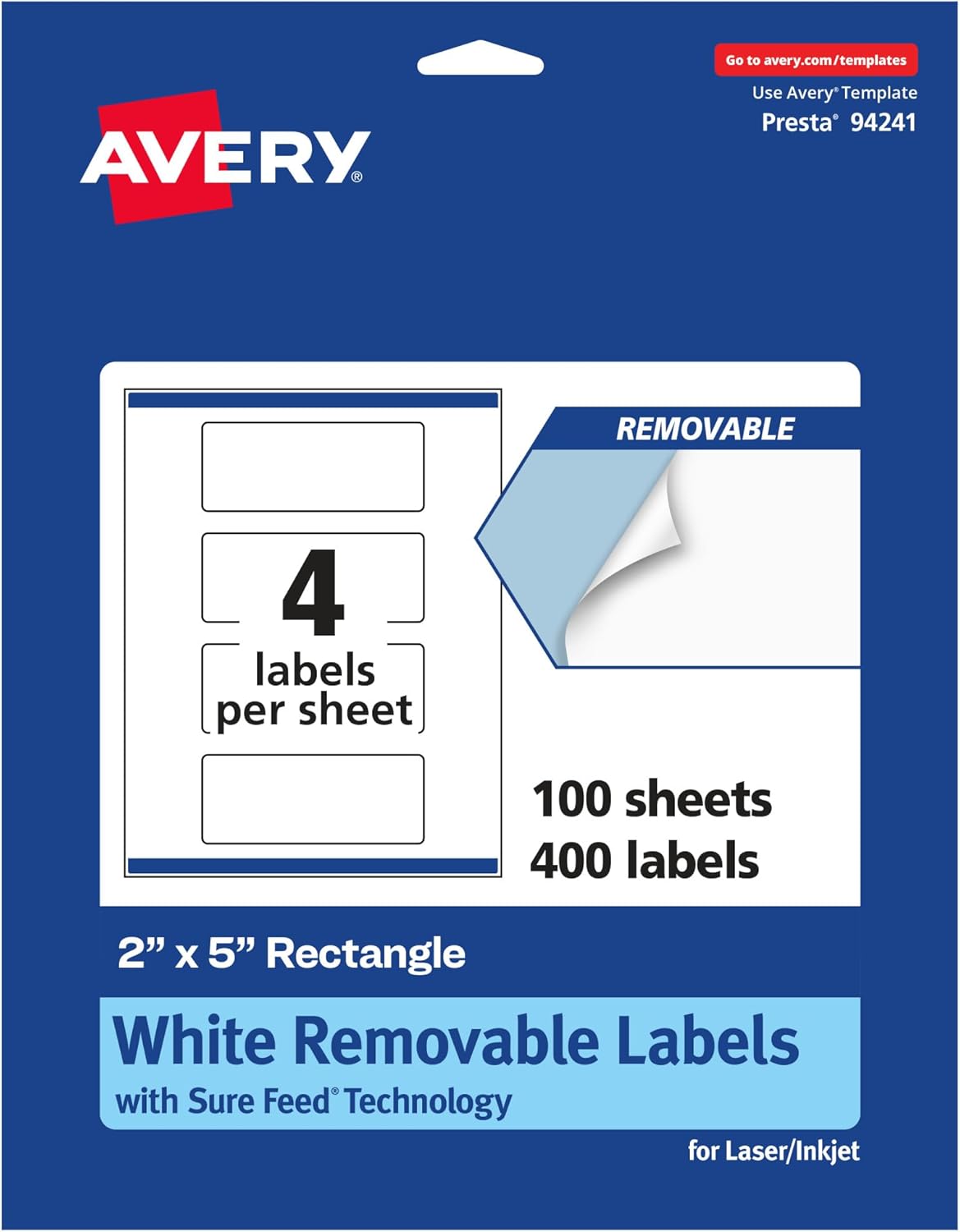 Avery Matte White Removable Rectangle Labels, Sure Feed Technology, Print-to-The-Edge, 2" x 5", 200 Removable Labels, Laser/Inkjet Printable