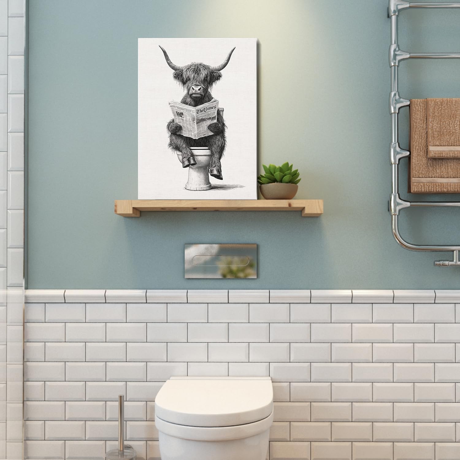 Funny Bathroom Wall Art, Highland Cow Reading Newspaper Canvas Prints, Black and White Farmhouse Framed Bathroom Pictures Wall Decor for Guest Bath, Ready to Hang 12 * 16in