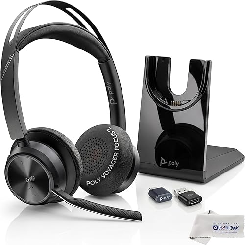 Plantronics Poly Voyager Focus 2 UC - Auriculares inalámbricos con soporte para auriculares, compatibles con Teams, llamadas telefónicas, Zoom,