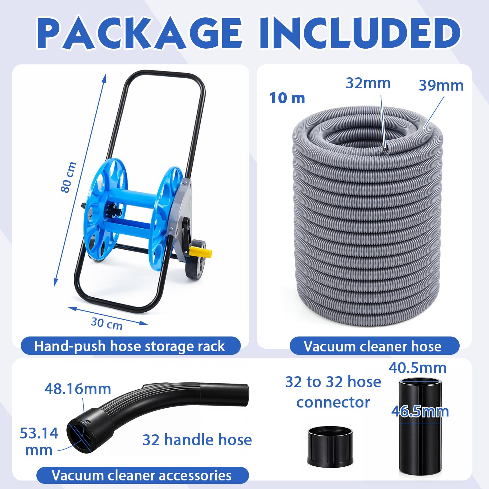 BBTO Tragbare Vakuumschlauchtrommel mit Rädern, 90 cm Verlängerungsschlauch-Set für 32 mm Staubsauger, mobile Aufbewahrungsrolle mit 2 Reinigungszubehör für Garage, Werkstatt, Haus und Auto Reinigung