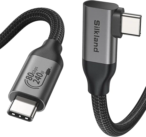 Silkland 80Gbps Right Angle USB 4 Cable for Thunderbolt 5 Cable 4FT, 120Gbps Bandwidth for 16K/Dual 8K, 240W, 90 Degree Braided USB C Video Cable Compatible Thunderbolt 4/5, MacBook M4 Pro,Dock,eGPU