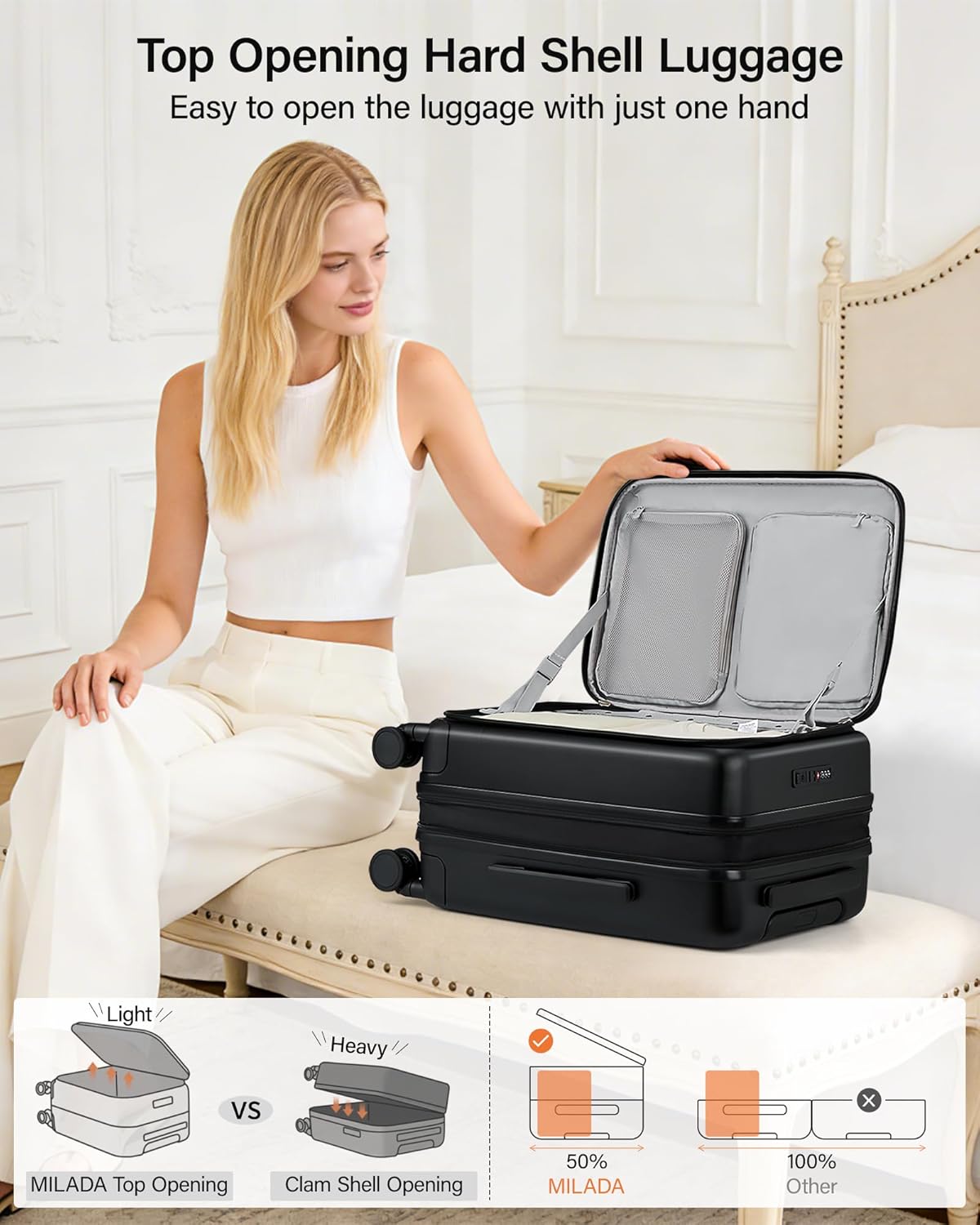 MILADA 24 Inch Expandable Luggage Top Opening Hard Shell Luggage Medium Suitcase with Wheels Checked Luggage for Travel Lightweight Rolling Suitcase with Lock TSA Approved, Black 24" Checked in Black