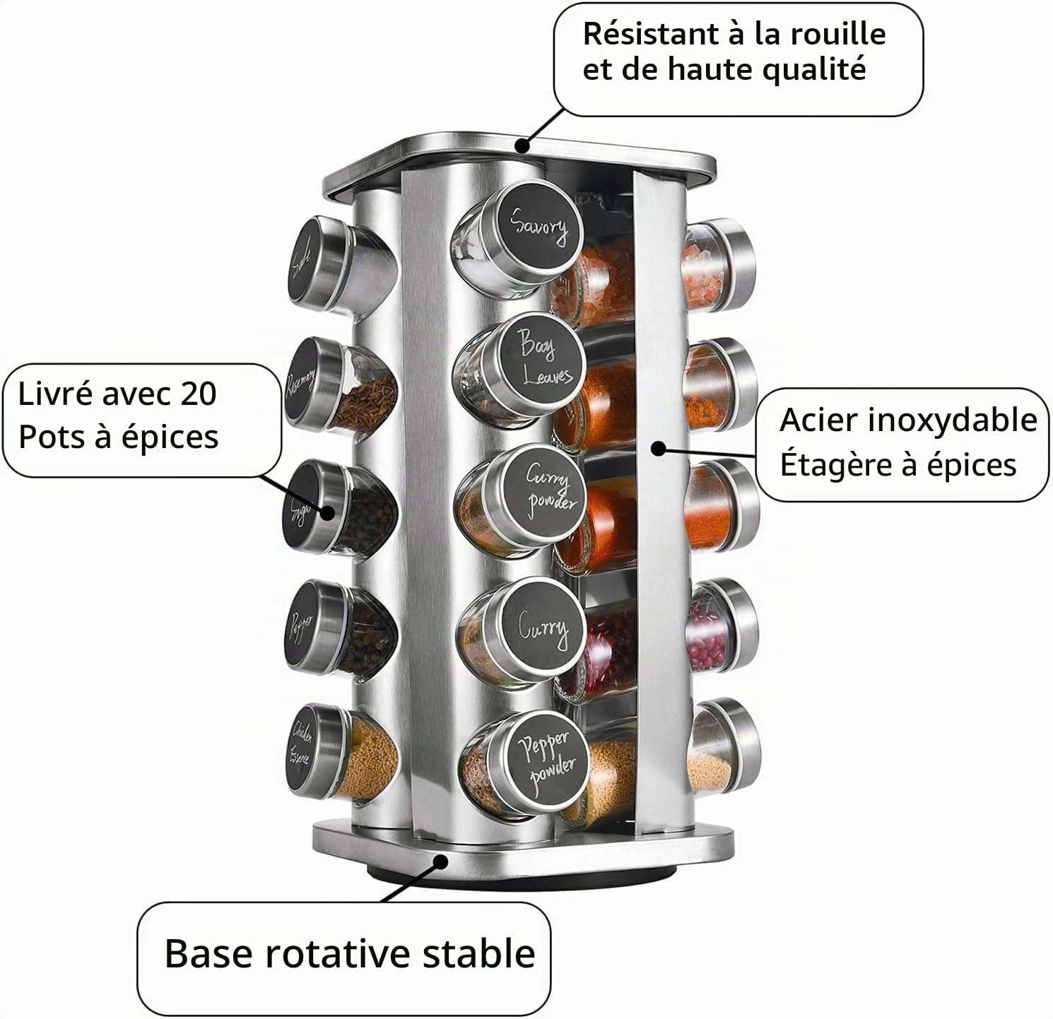 SAEIV Tourniquet à Épices Support Cuisine 360° Rotatif, Acier Inox 304 Antirouille, 20 Bocaux Verre & Inox, Étagère Compacte, Rangement Cuisine Étanche Gain de Place