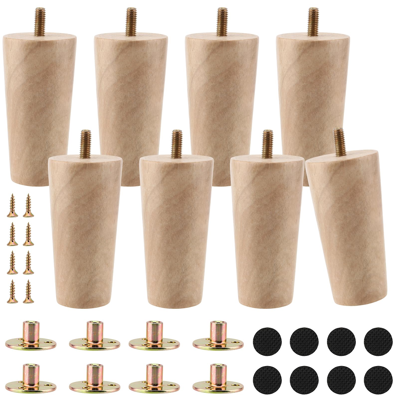 KOHAND 4 Inch Wooden Furniture Leg, 8 Pack Wooden Sofa Legs with Mounting Plates and Screws