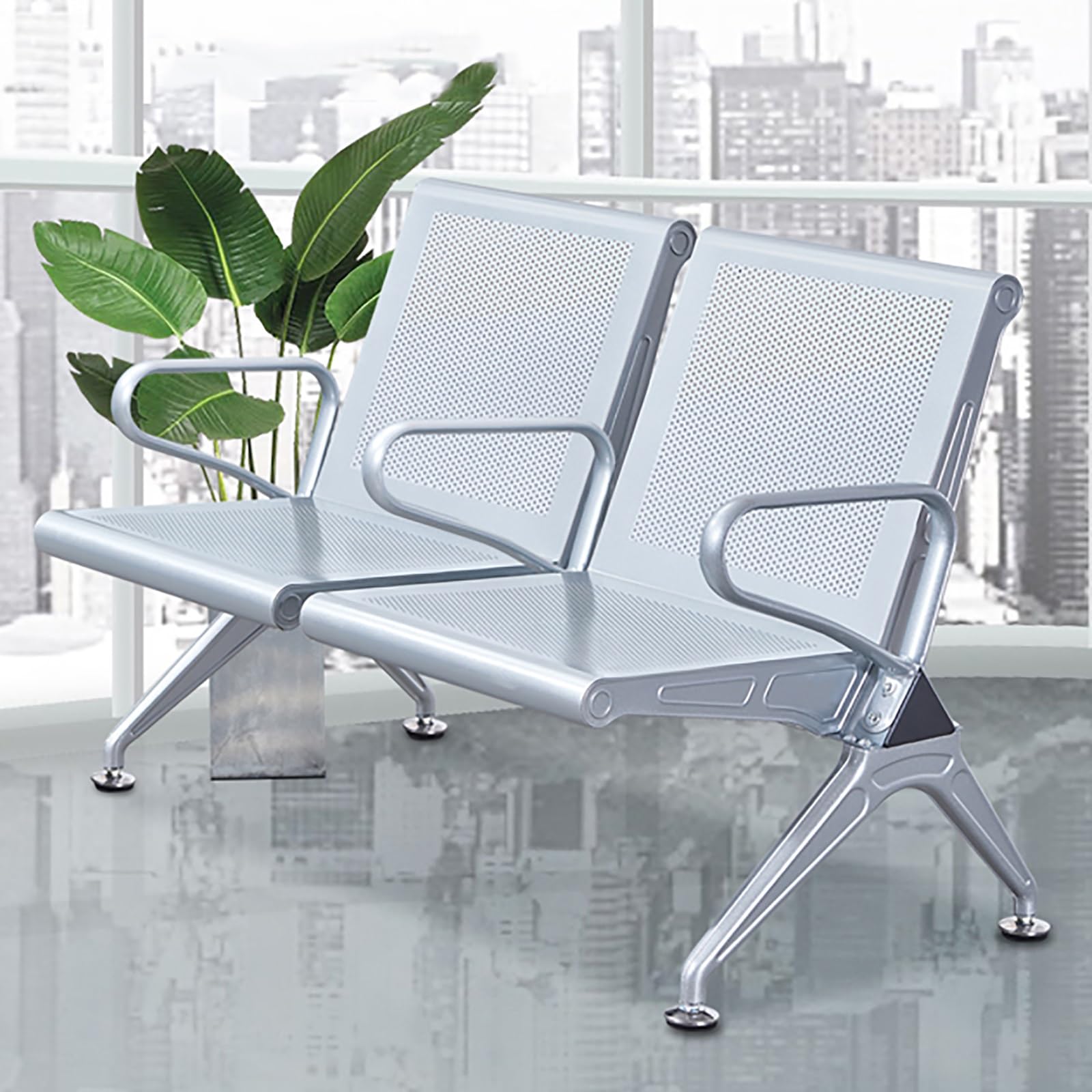 ASerZenith Faux Leather Waiting Room Bench With Armrests And High-Resilience Foam For Office And Reception Areas, Easy Installation,Argenté.-Taille Unique