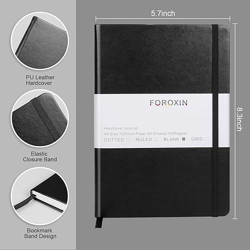 Miniatura 2 de foroxin Cuaderno de diario en blanco, negro, 160 páginas, tamaño mediano de 8.3 x 5.7 pulgadas, papel grueso de 3.53 ozm, tapa dura