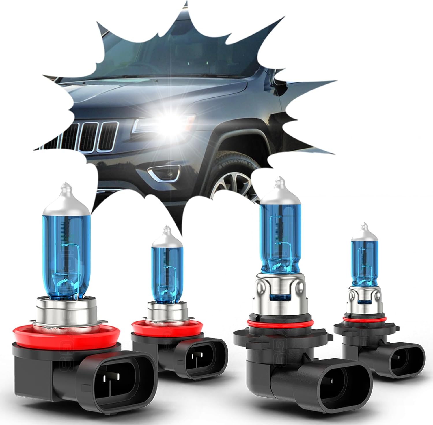 Fit for Jeep Grand Cherokee 2011-2016 9005 H11 Upgraded Halogen Headlight Bulbs, Ultra - High Performance Halogen Head Light Bulbs Combo Kit, Pack of 4
