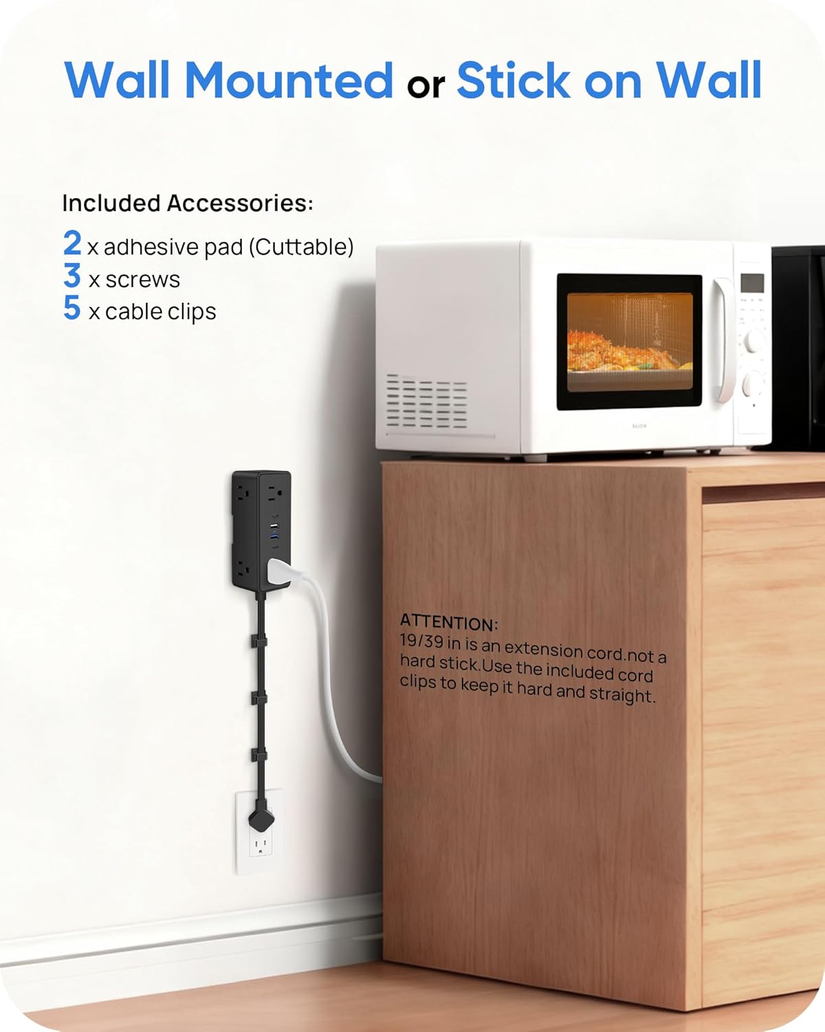 Flat Plug Outlet Extender 19 in - Flexible Extension Cord, Multi Plug Wall Outlet Splitter Surge Protector, 6 AC 4 USB, Mountable Power Strip for Hard Reach Socket in Bedroom Home Office, Black