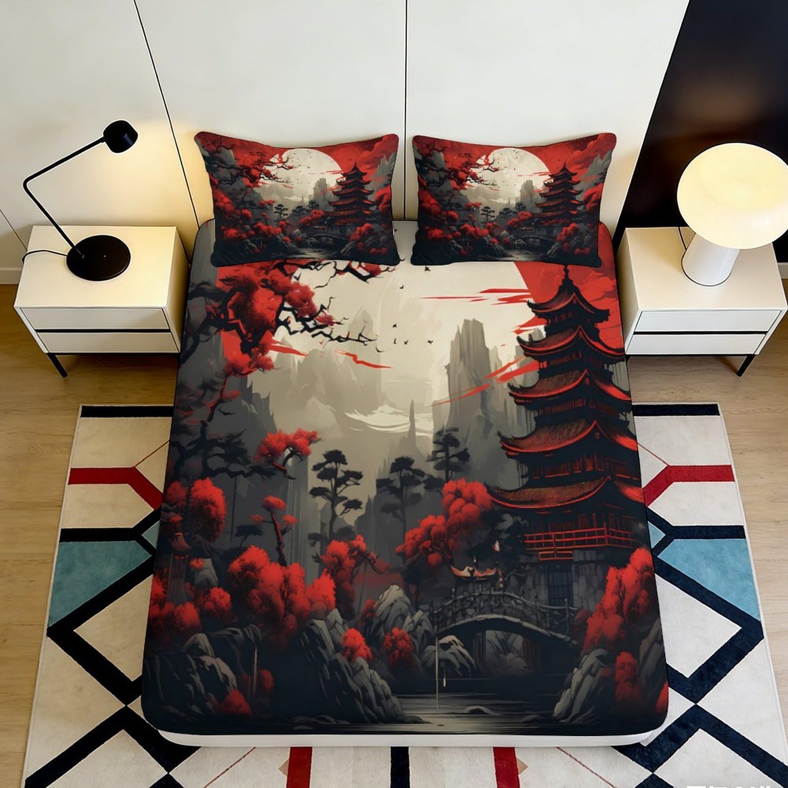 Uxinyoume Style-10 3D Printed Red Maple Landscape Fitted Sheet Microfiber Soft Pagoda Bed Cover For Bedroom Guest Room Decor 90X200x25cm