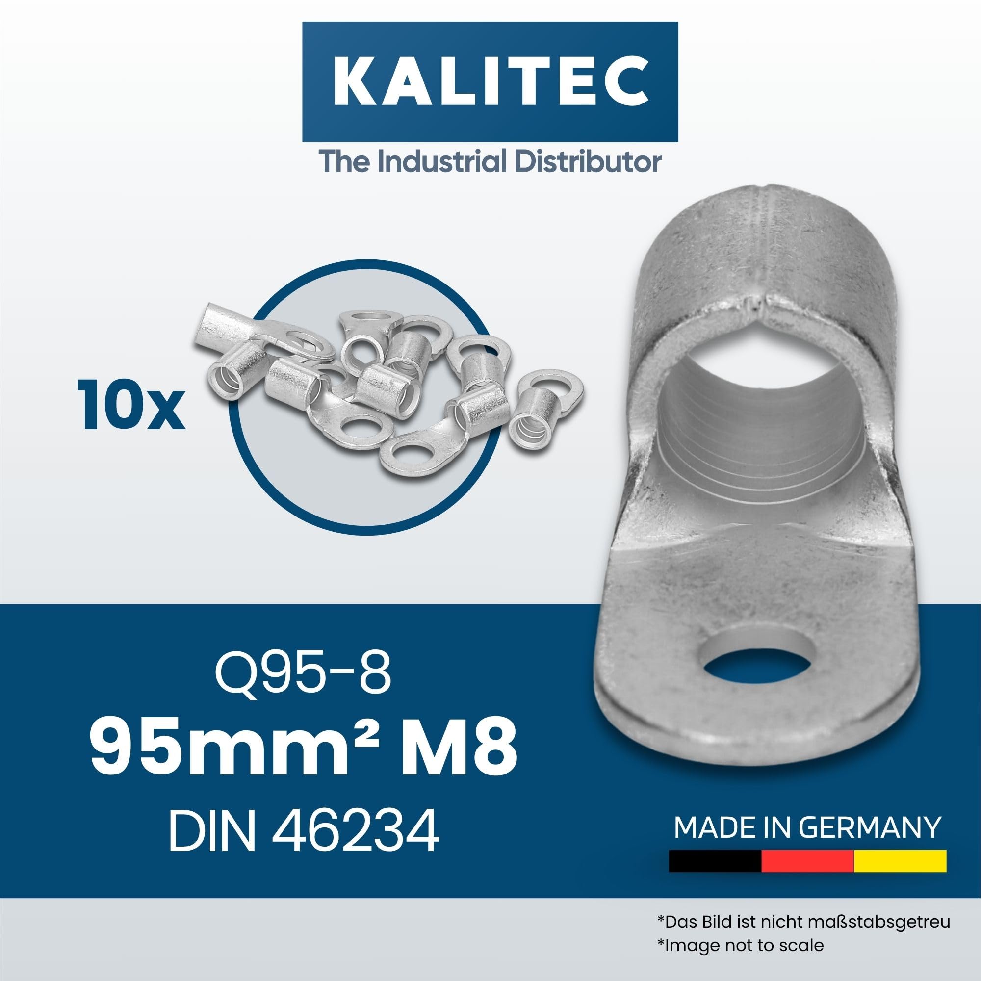 Kalitec 10x Capicorda ad Anello 95 mm² M8, Non Isolati, Serie Q DIN 46234 | Rame elettrolitico per conduttori multipli, fini e sottili, pressatura a mandrino per collegamenti elettrici sicuri