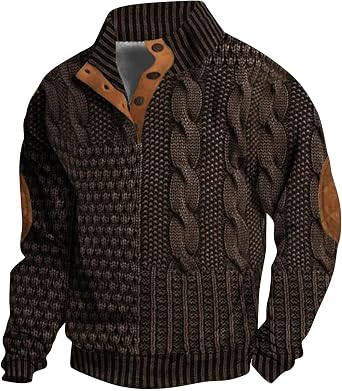 Mens Sweaters Quarter Button Down Sweatshirts Stand Collar Long Sleeve Cable Knit Sweater Vintage Casual Pullover Tops