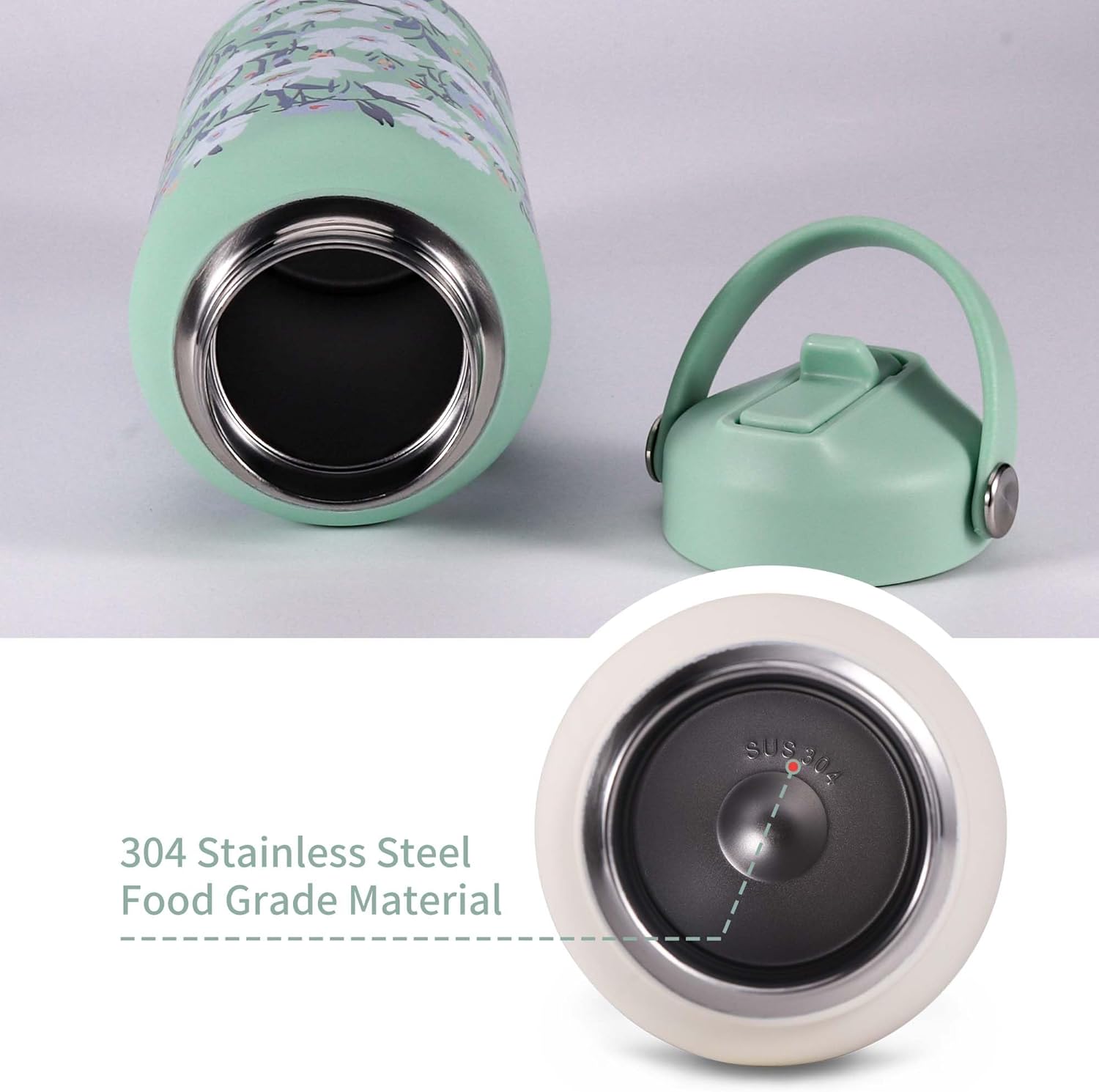 Goetland Flowers Water Bottle Beverage Bottle with Straw Lid 32 oz Stainless Steel Wide Mouth Vacuum Insulated Cute UV Printing Leak Proof For Women Girls Kids Light Green - Image 5
