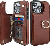 Vista 13 de ONETOP - Funda tipo cartera para iPhone 15 Pro Max con soporte para tarjetas, anillo de rotación de 360°, bloqueo RFID, piel sintética, doble cierre