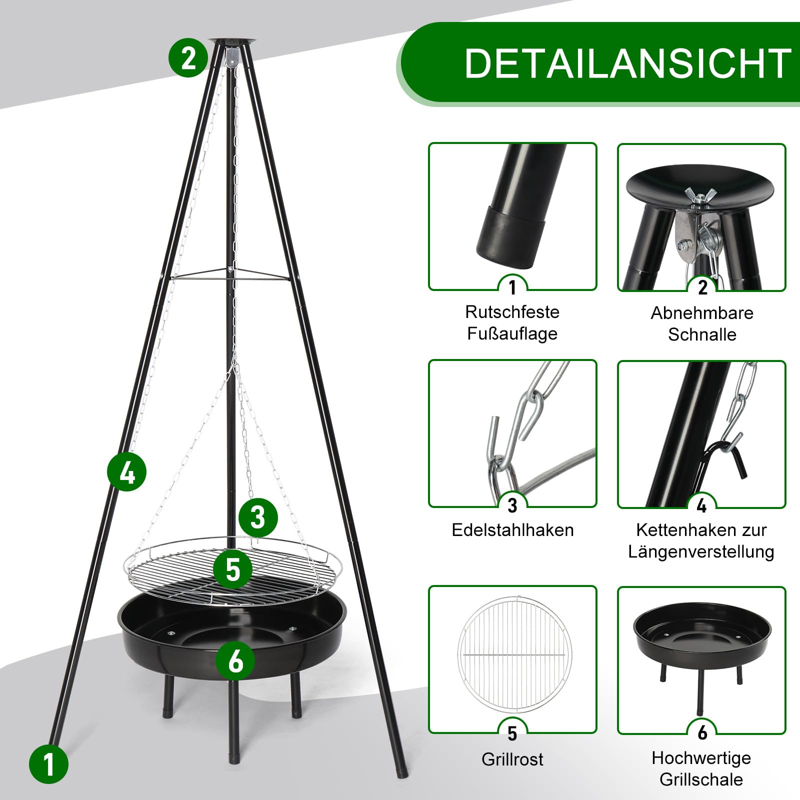 LEADZM Schwenkgrill - Dreibein für Feuerschale inkl. 48 cm Grillrost - Dreibein grill - Höhenverstellbar, große Grillfläche - Outdoor, BBQ, Camping - Schwarz