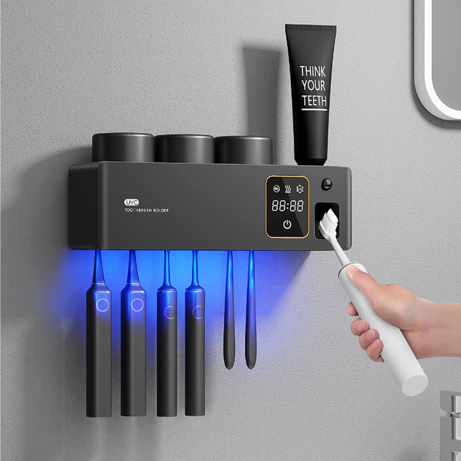 Porta Spazzolino Elettrico, Porta Spazzolino Parete, Porta Spazzolini Bagno, Sterilizzatore per Funzione di Asciugatura Multifunzione Ricaricabile USB, Nero