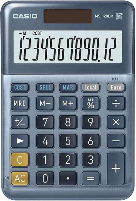 CASIO MS-120EM Desktop Calculator 12 Digit Currency Conversion Cost/Sell/Margin, Aluminium Front, Solar/Battery Operated, blue