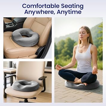 Memory Foam Donut Cushion - Orthopedic Seat Cushion for Tailbone & Sciatica Pain Relief, Coccyx Cushion for Office Chair, Wheelchair, Car with Pressure Relief & Portable Design (Grey)