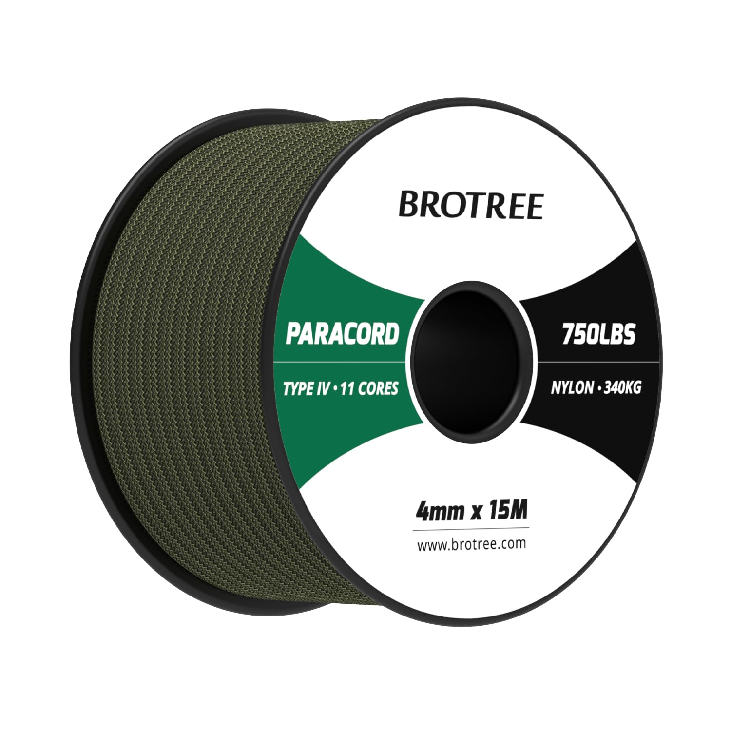 Brotree Army Green Paracord 4Mm 15M 100% Nylon Rope 11 Strands 750Lb Parachute Cord Type Iv For Survival, Outdoor And Diy - 340Kg Breaking Load (Army Green)