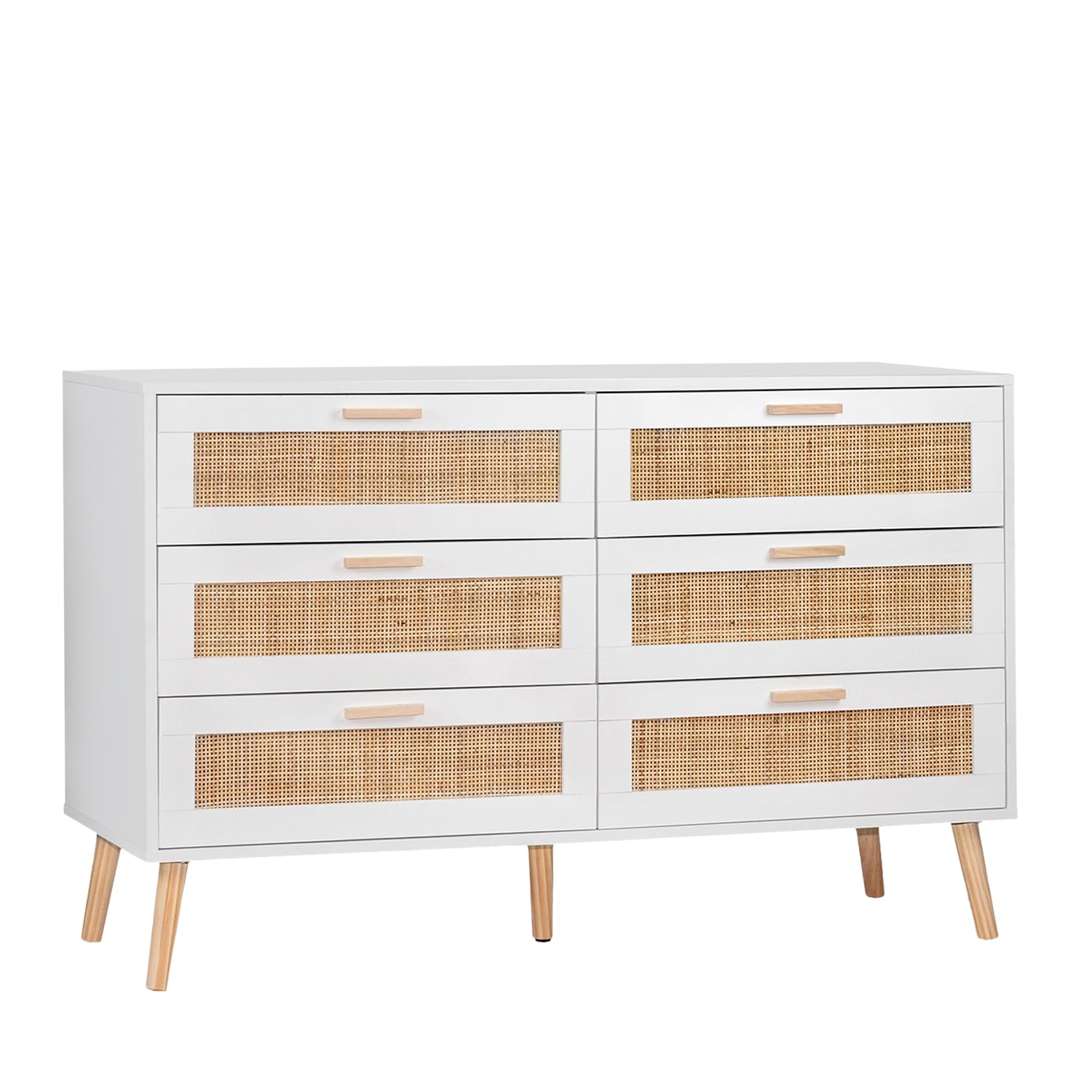 KLAST Cómoda Tahiti de 6 cajones en Madera Blanca y ratán Natural para Dormitorio, Almacenamiento Elegante y Funcional, diseño Acogedor y contemporáneo